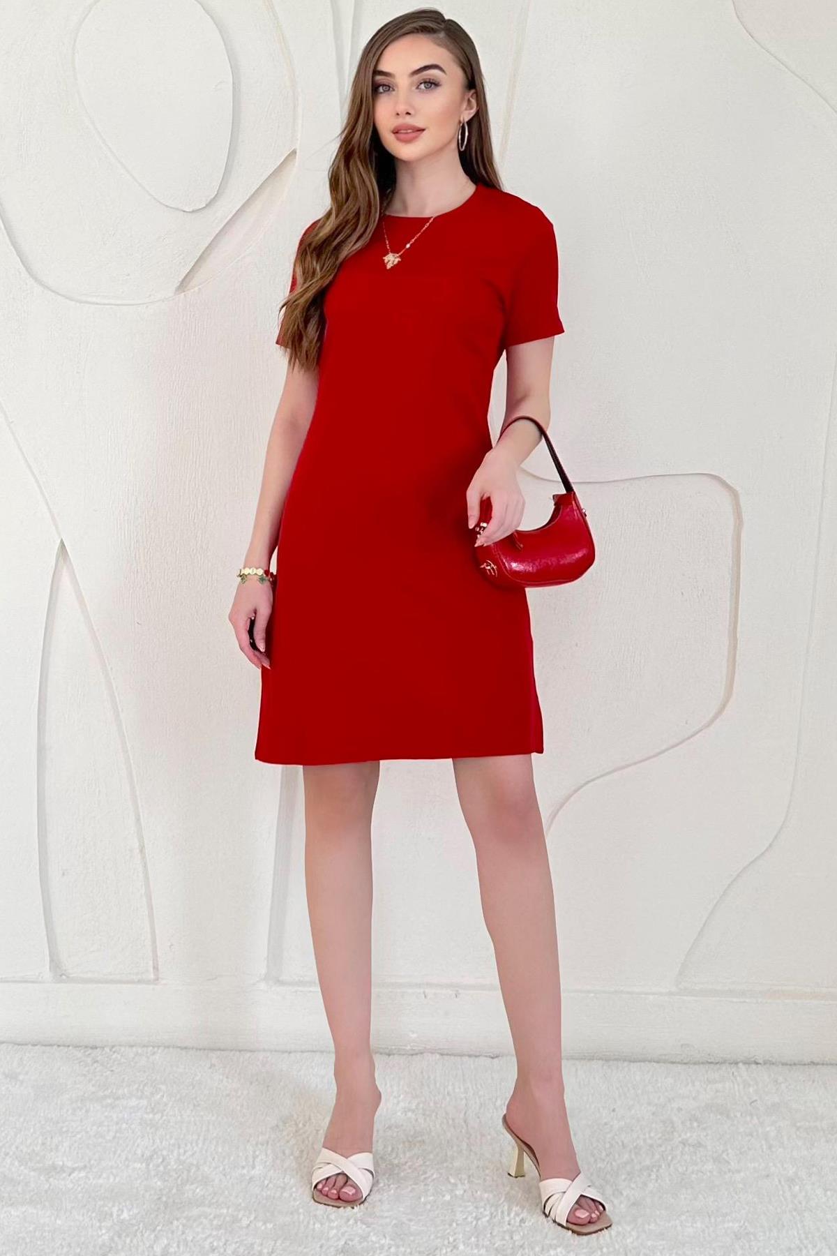 Kırmızı Kısa Kol Basic Mini Elbise