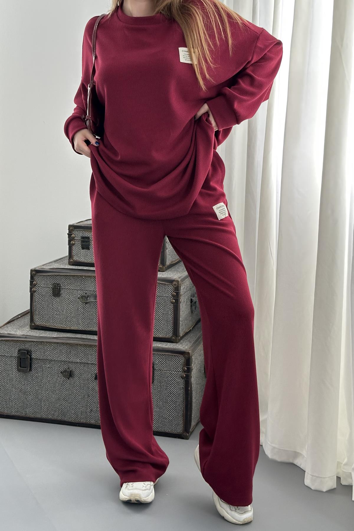 Bordo Klasik Fitilli Kazak ve Pantolon Takım