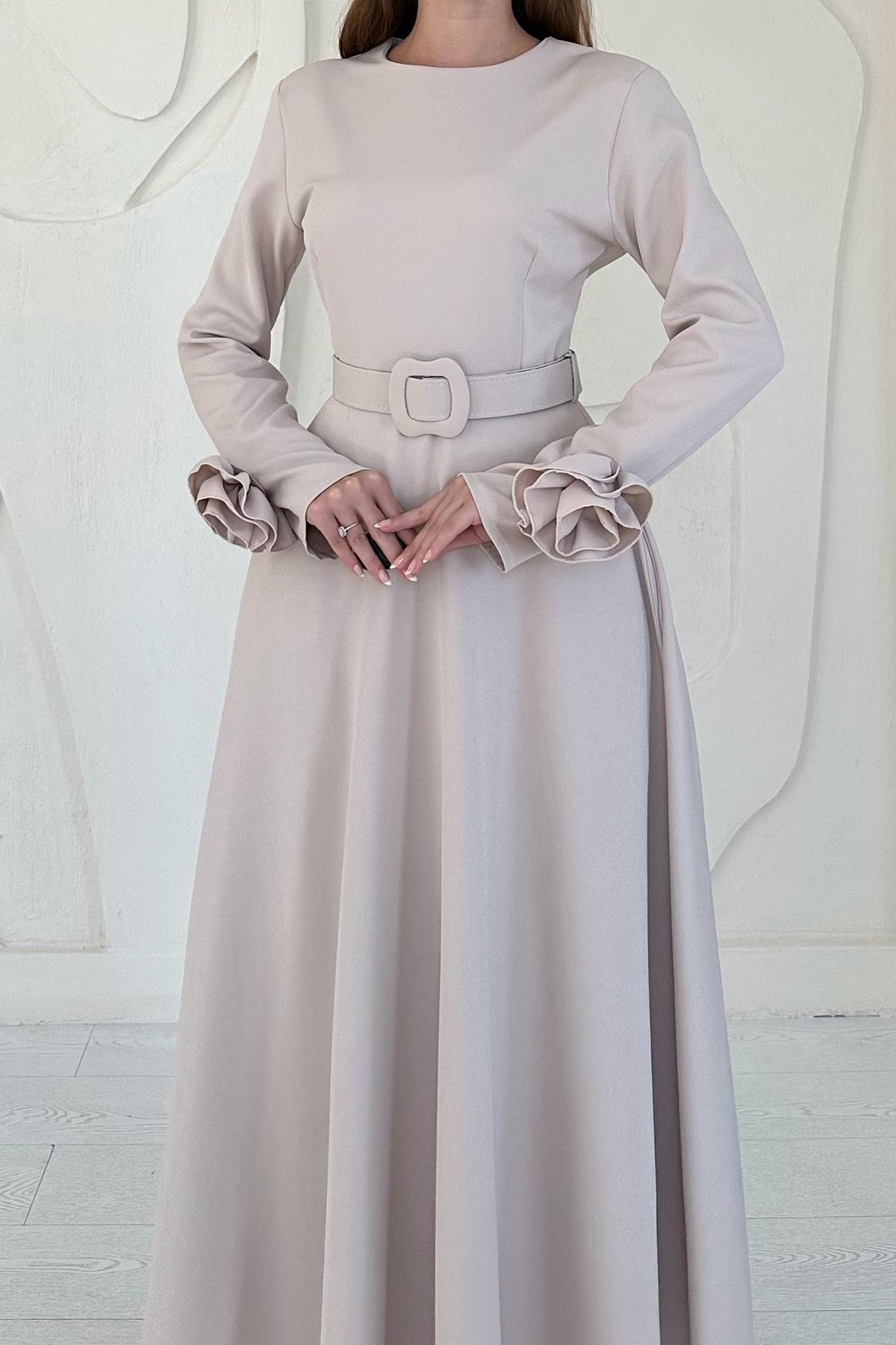 Bej Kolları Güllü A-Line Elbise