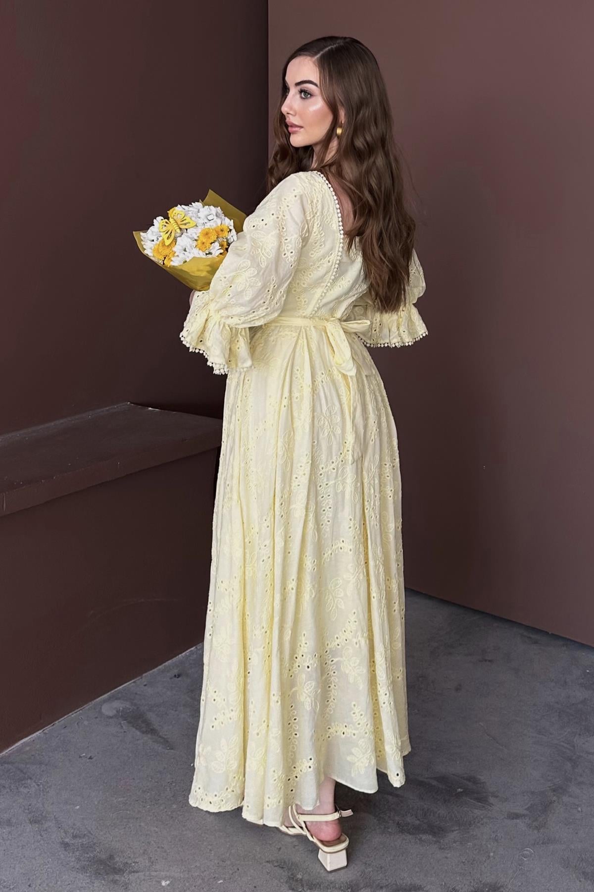 Elasticated Sleeves and Scalloped Belted Dress