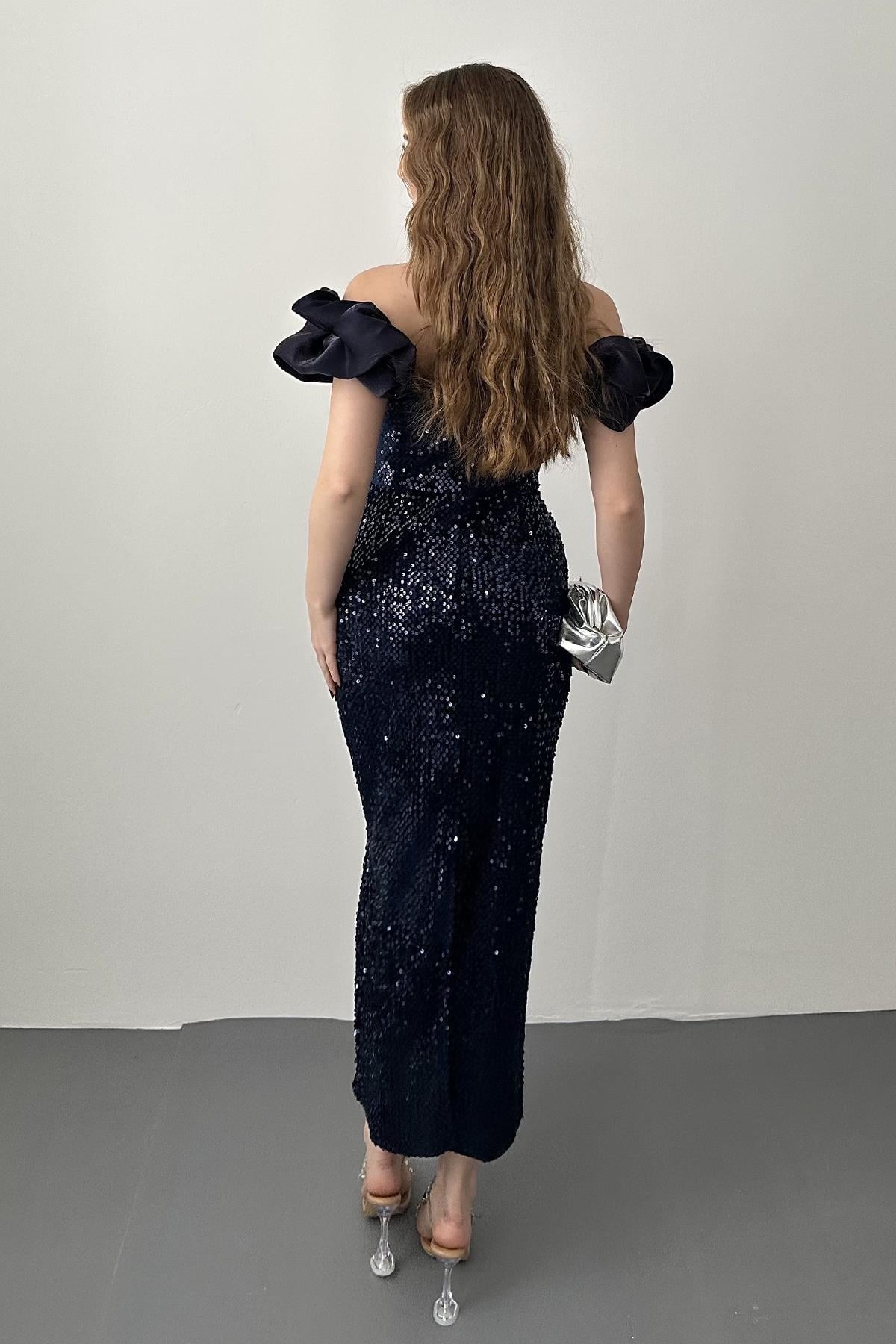 Lacivert Pulpayetli Kolsuz Elbise