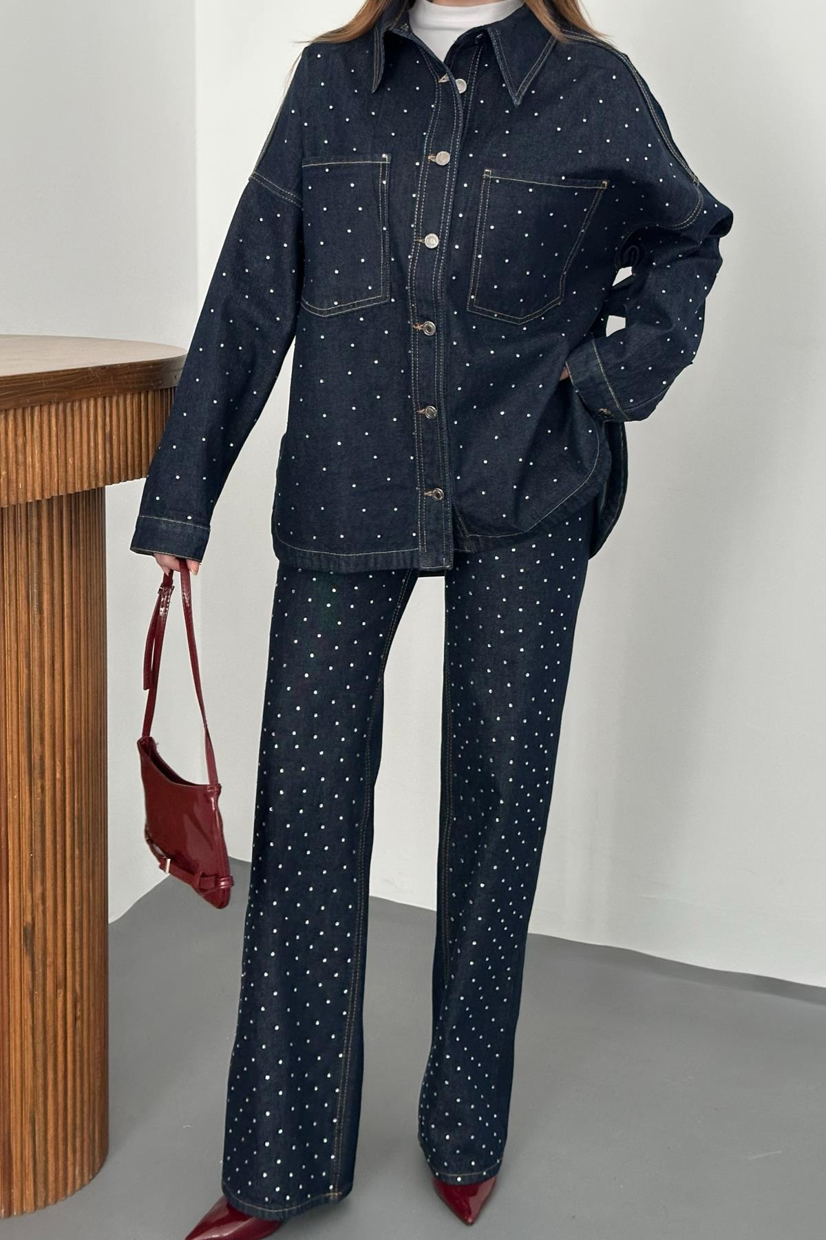 Lacivert Taş Detaylı Kot Takım