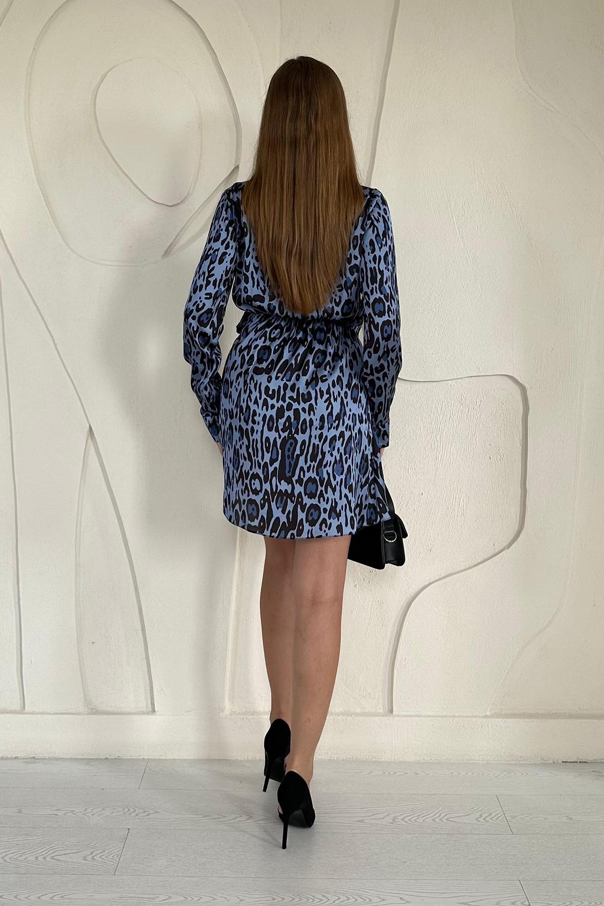 Mavi Leopar Desenli Saten Elbise