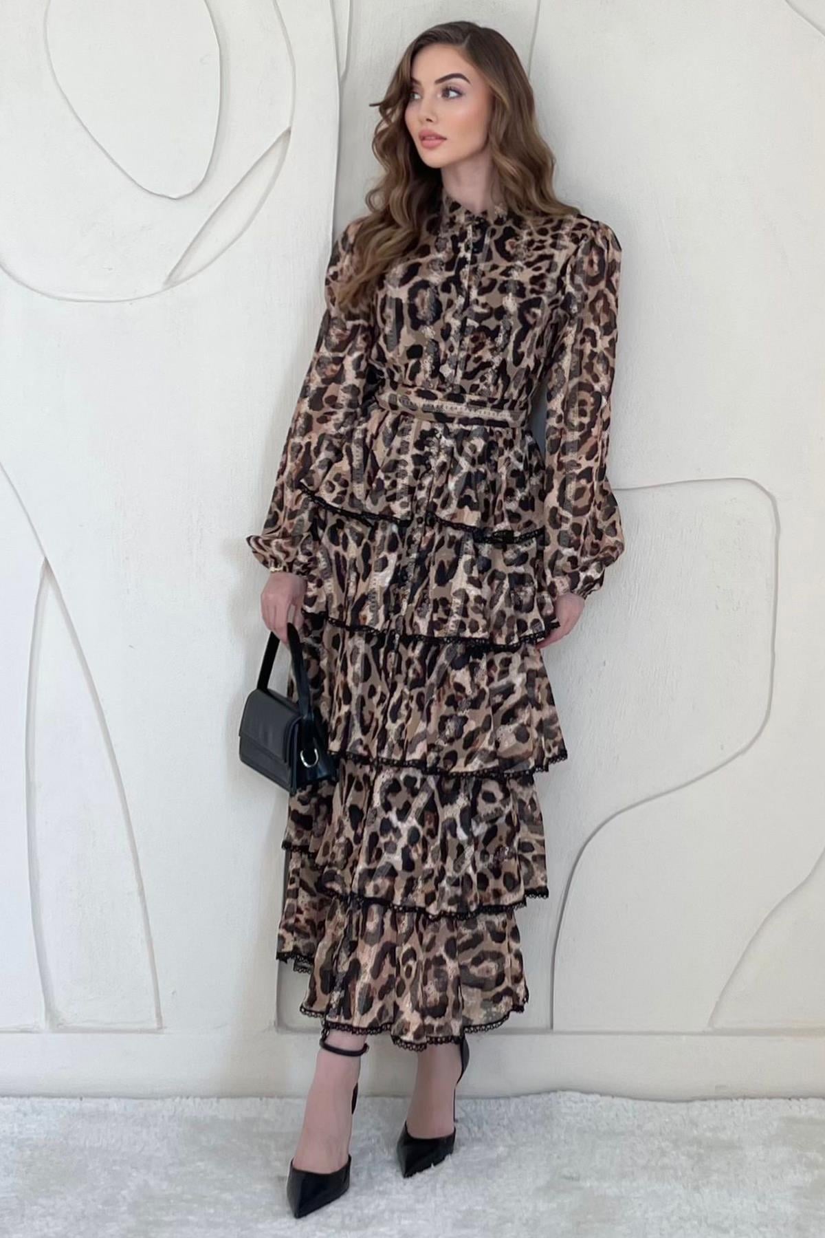 Leopar Leopar Desenli Volanlı Şifon Elbise