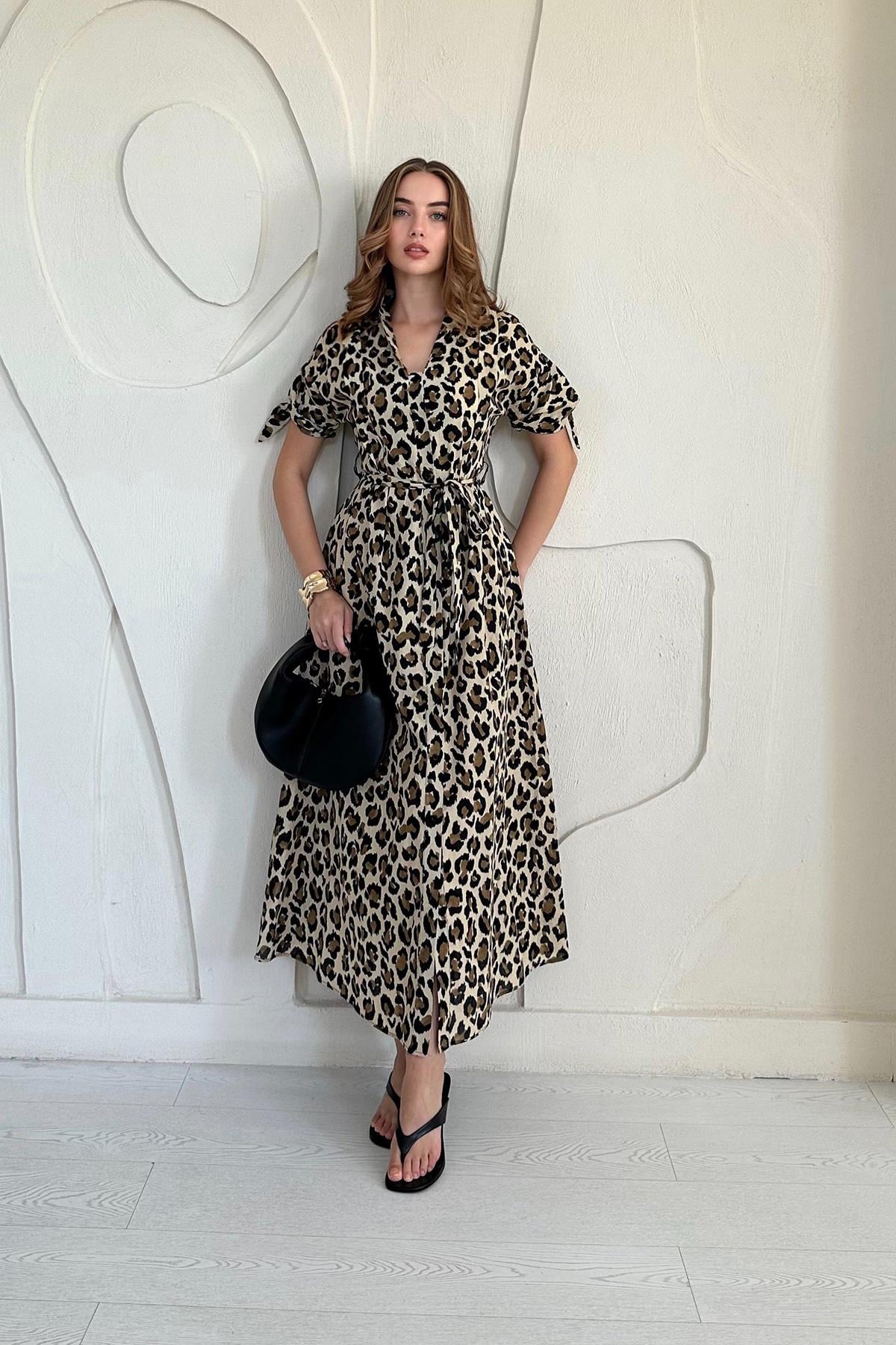 Leopar Leoparlı Desenli Kuşaklı Elbise