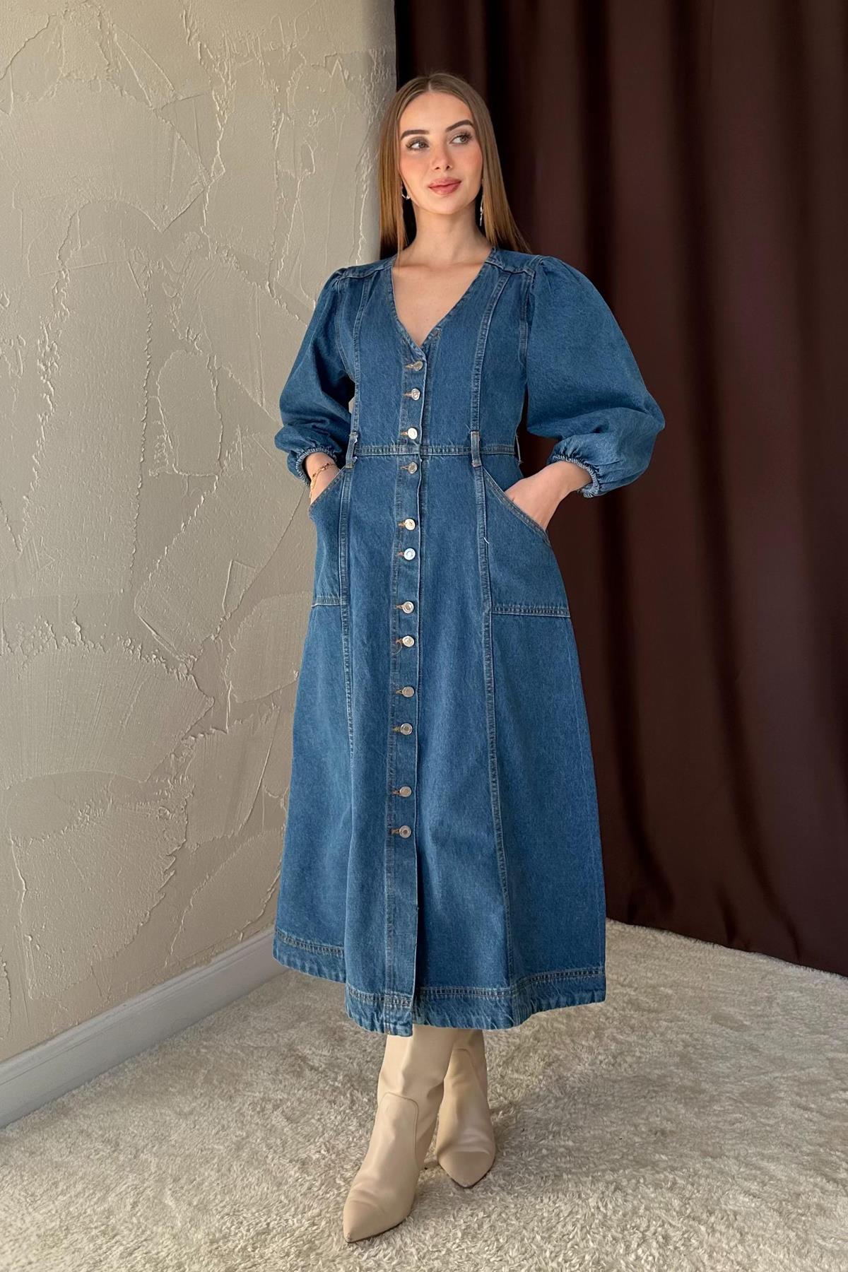 Balloon Sleeve Denim Dress