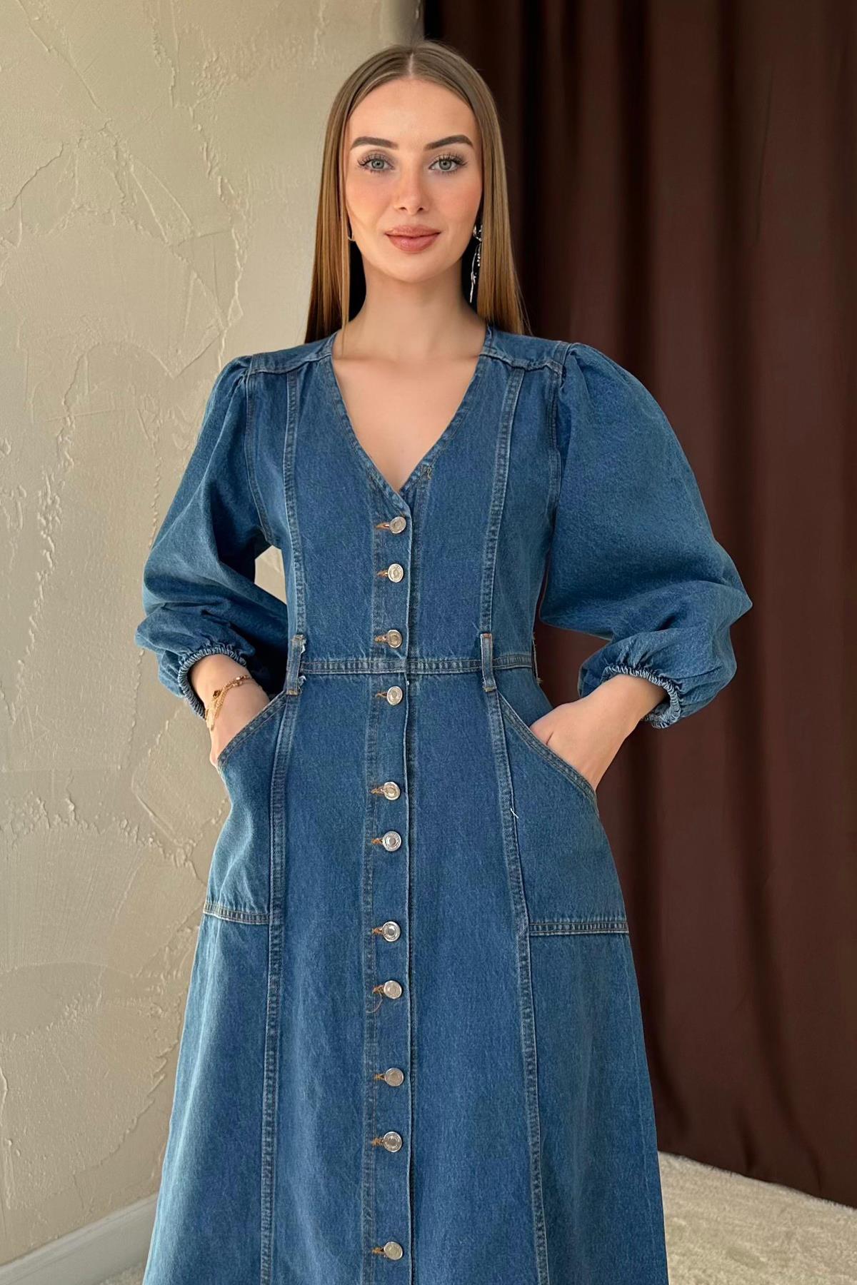 Balloon Sleeve Denim Dress