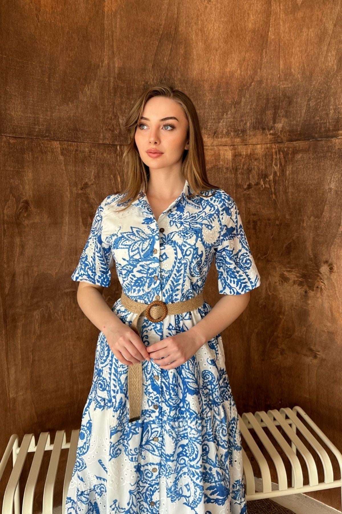Mavi Brodeli Kolları Bağcıklı Elbise