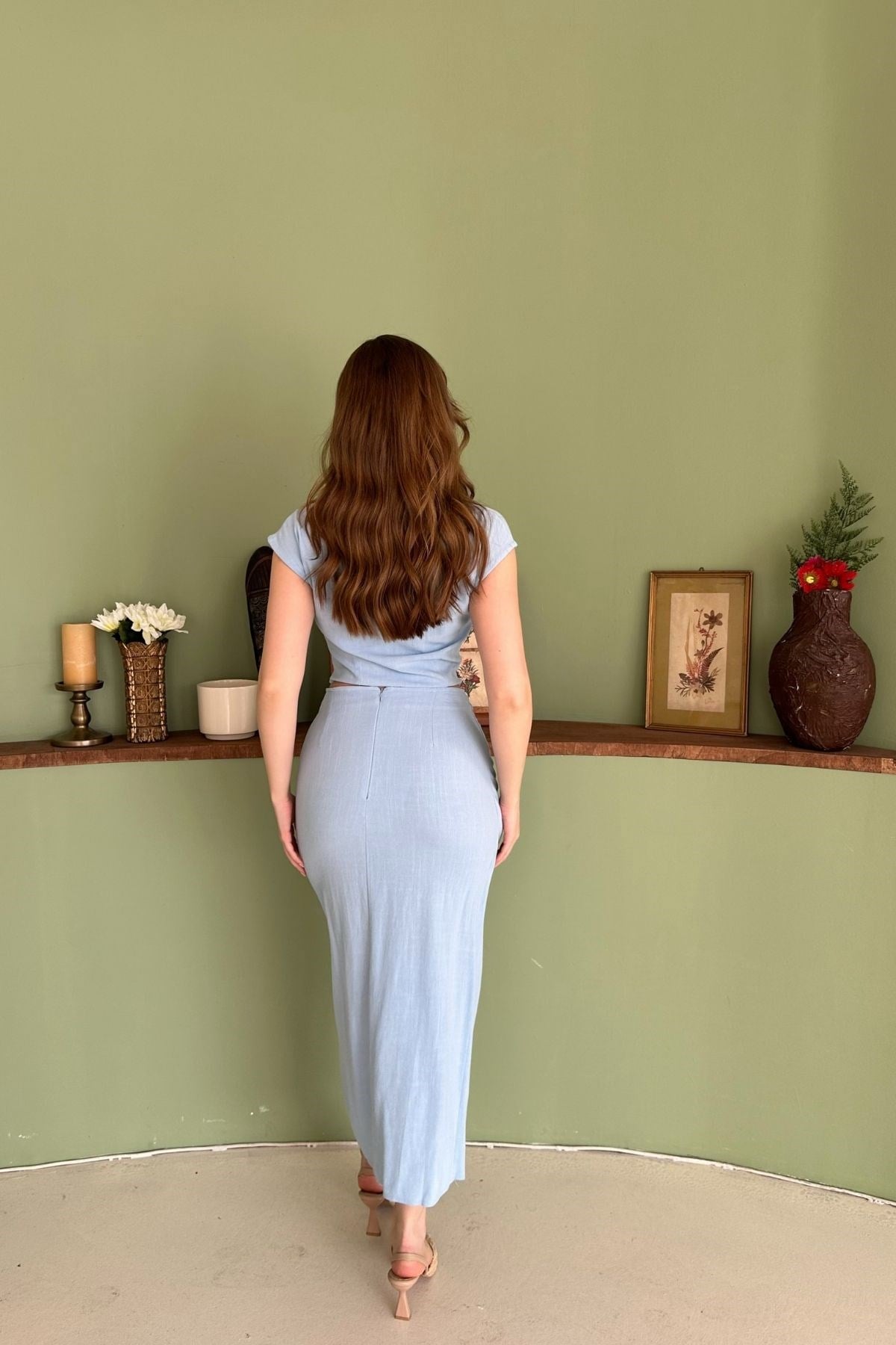 Mavi Keten Crop Bluz ve Yırtmaçlı Etek Takım