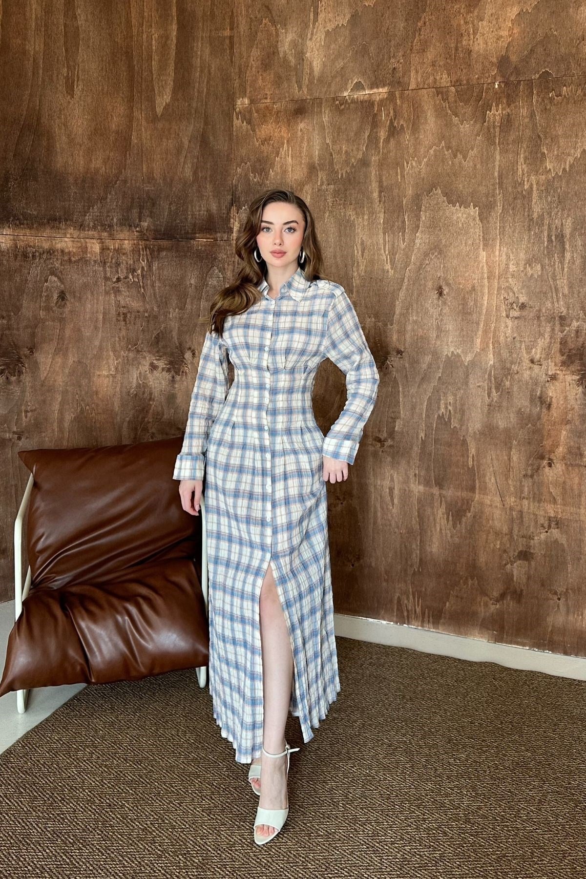 Mavi Pileli Ekoseli Elbise