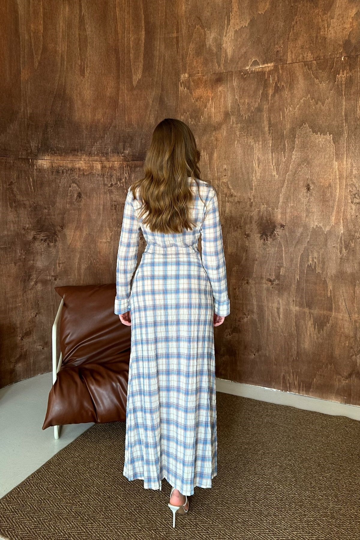 Mavi Pileli Ekoseli Elbise