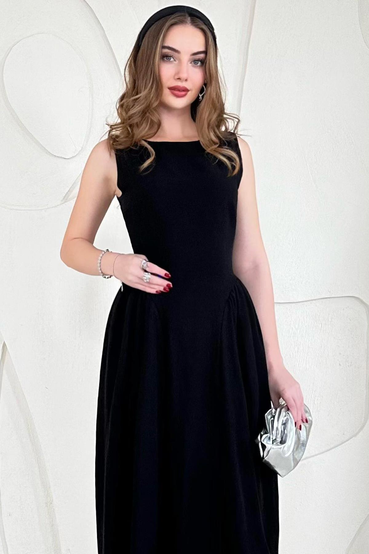 Siyah Midi Boy Basic Keten Elbise