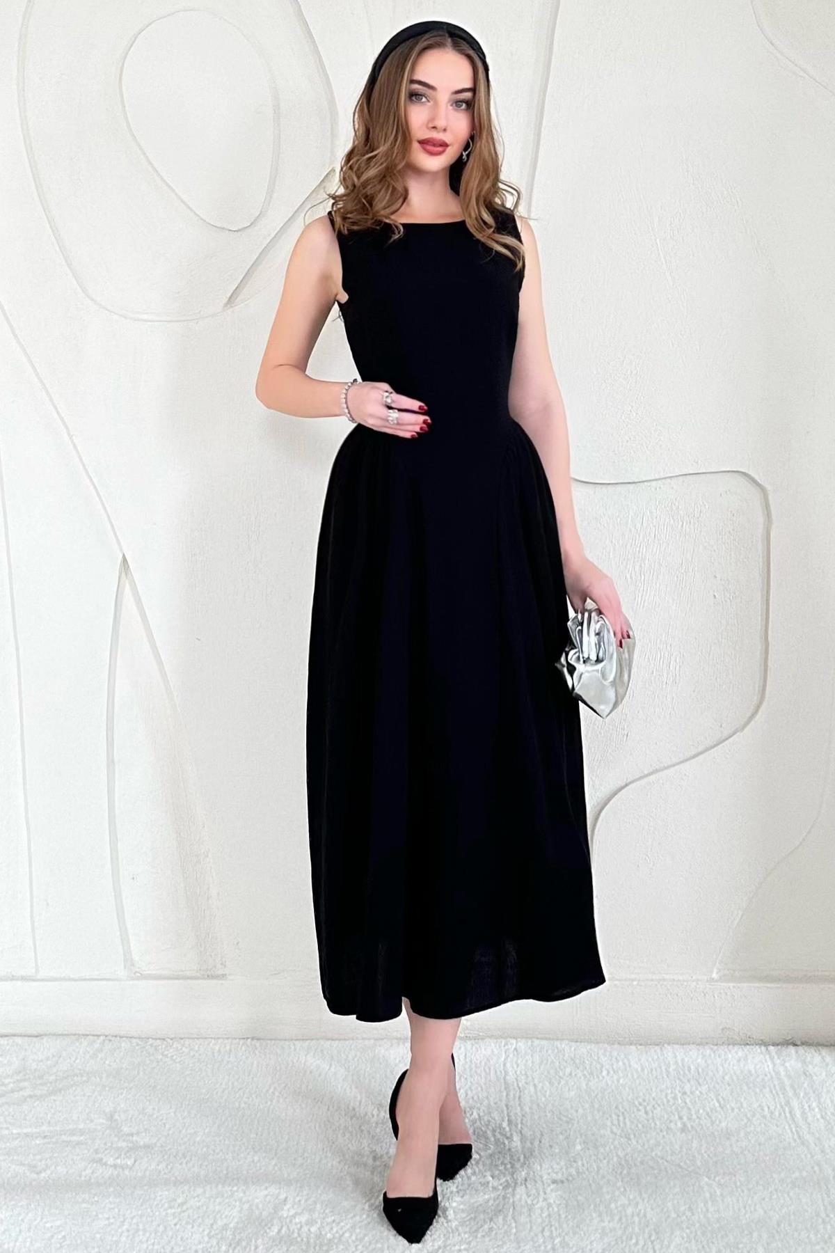 Siyah Midi Boy Basic Keten Elbise