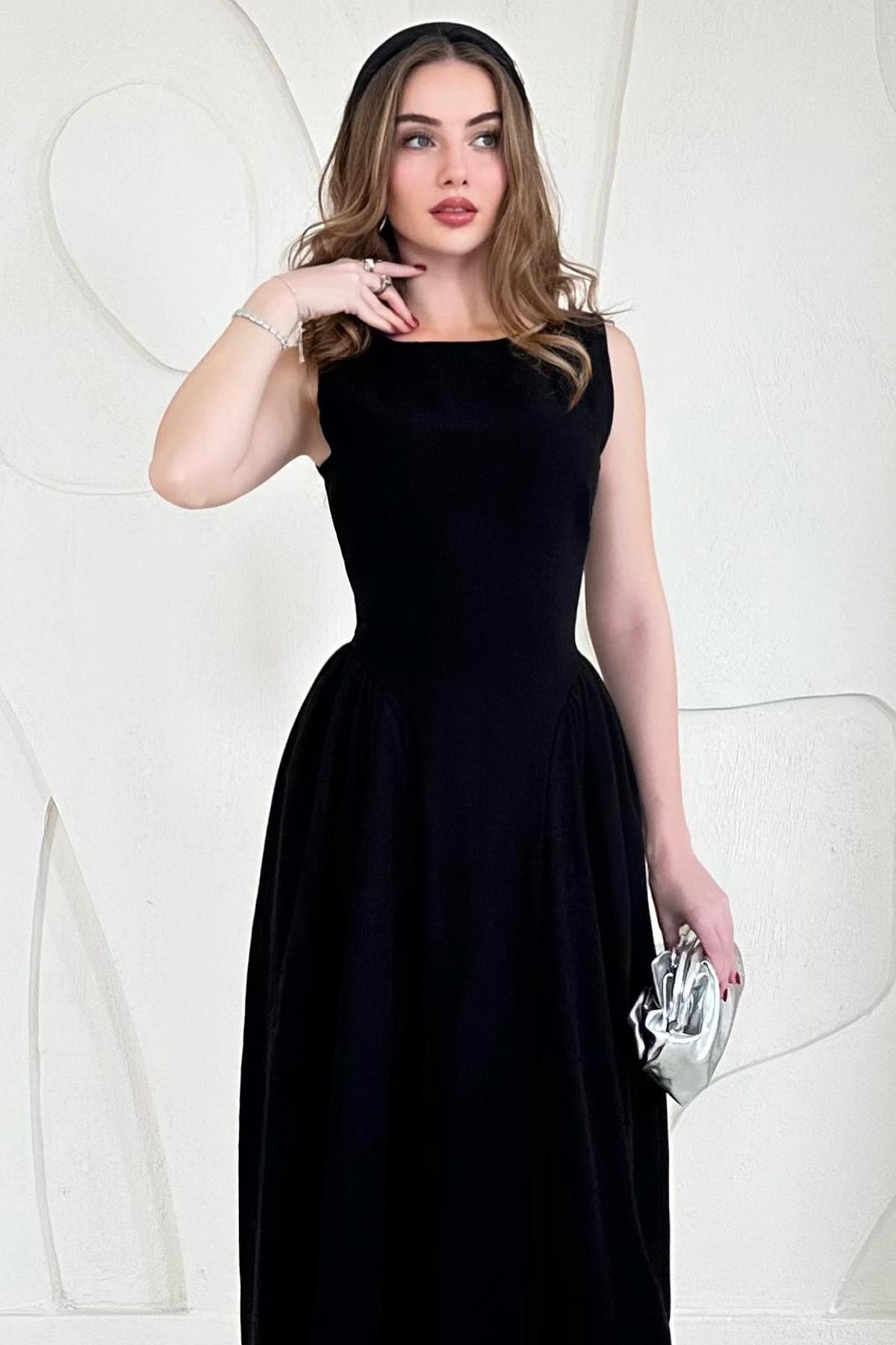 Siyah Midi Boy Basic Keten Elbise