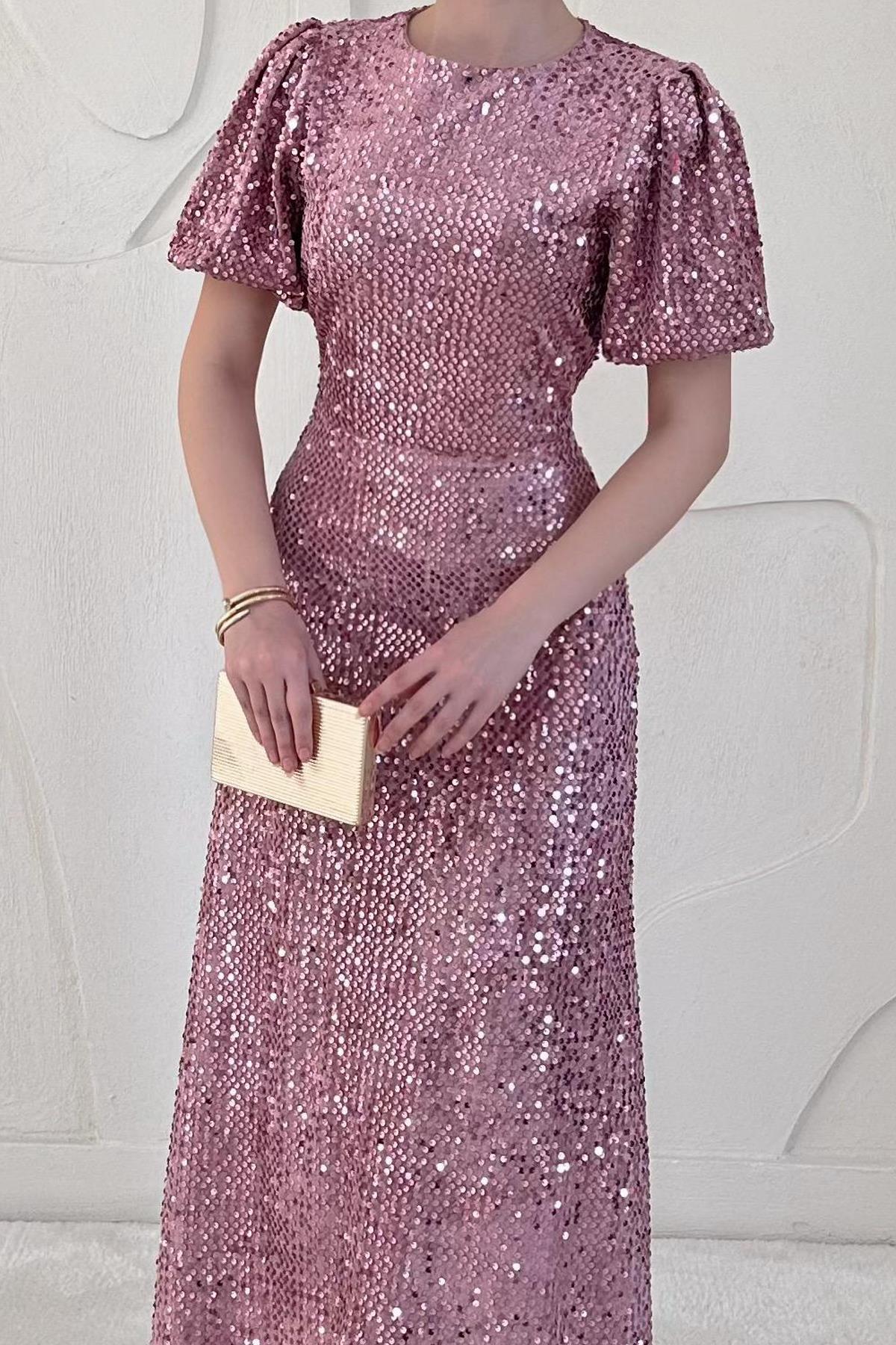 Pudra Midi Boy Pul Payet Elbise