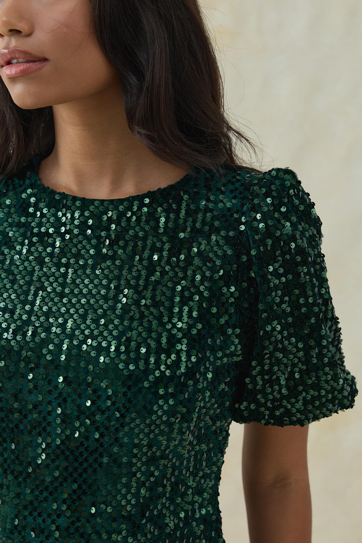 Zümrüt Midi Boy Pul Payet Elbise