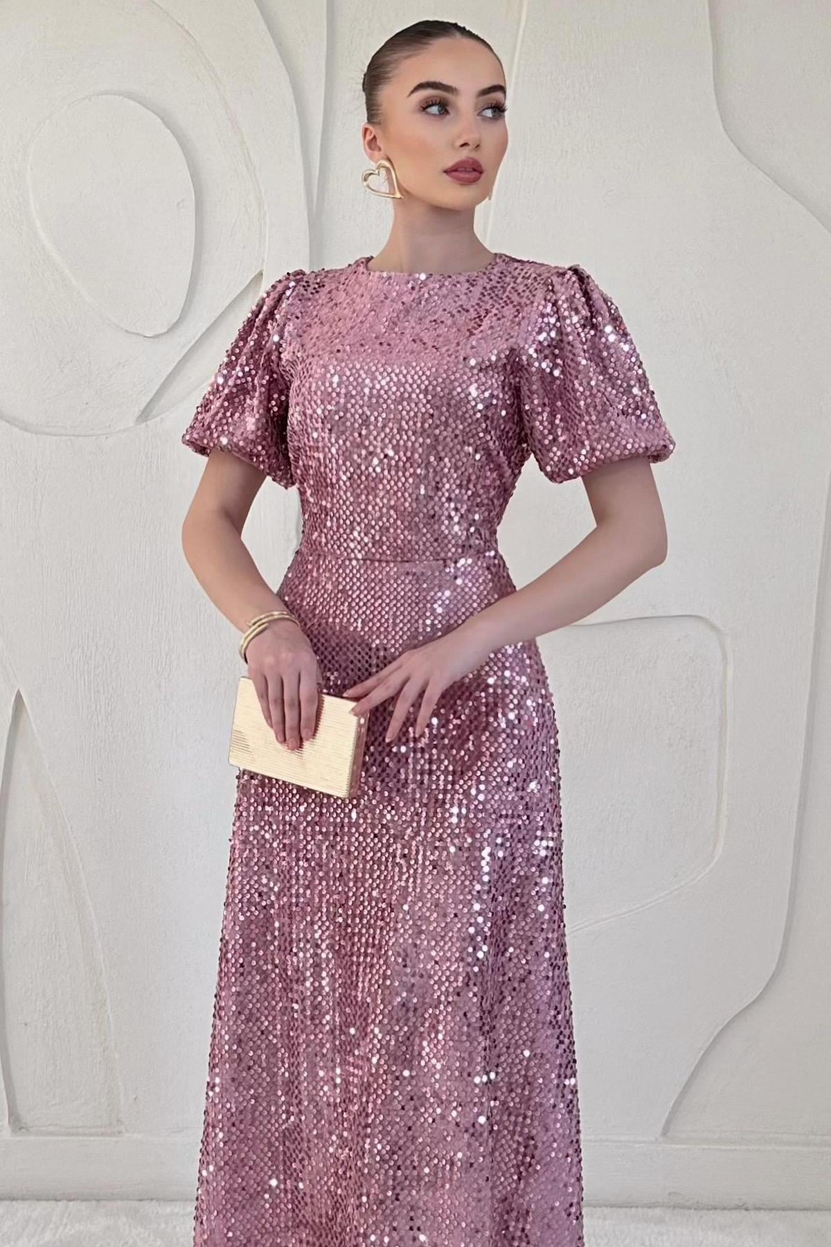 Pudra Midi Boy Pul Payet Elbise