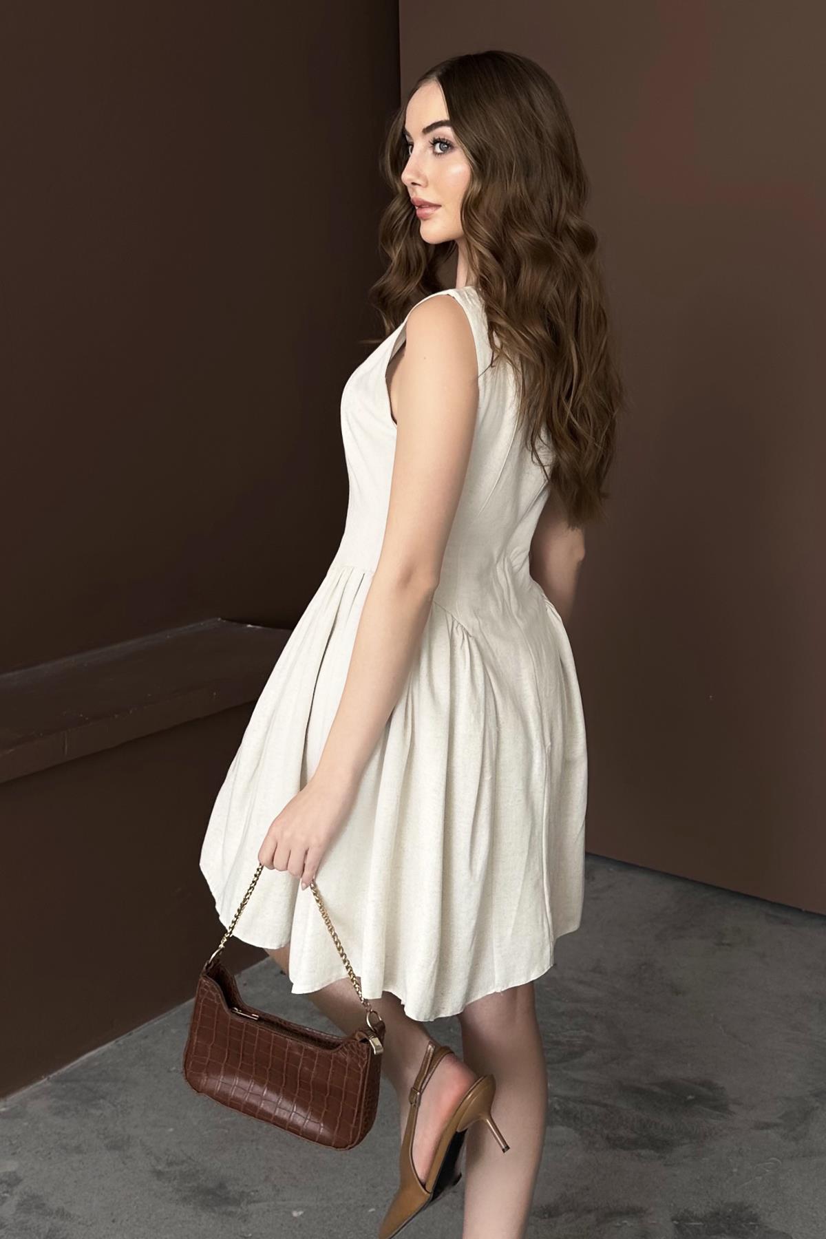 Bej Mini Boy Büzgülü Keten Elbise