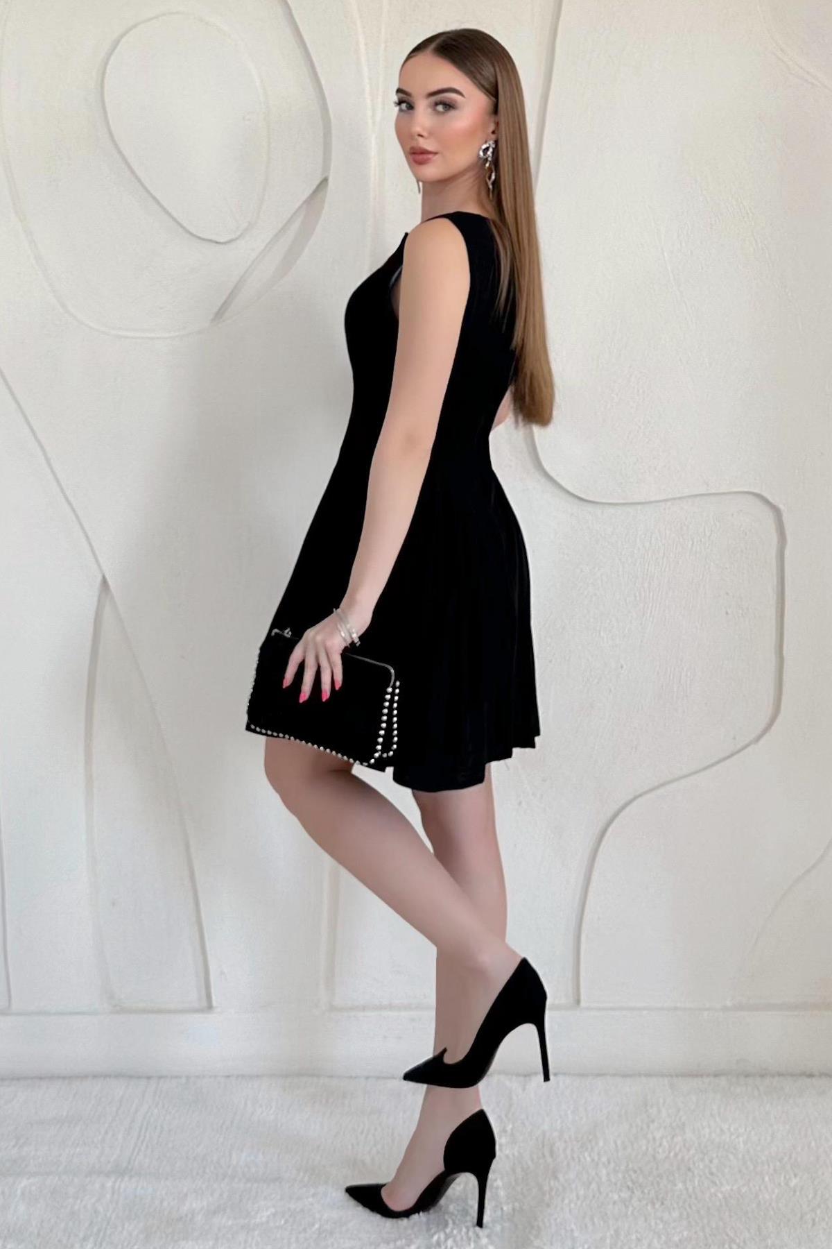 Siyah Mini Boy Büzgülü Keten Elbise