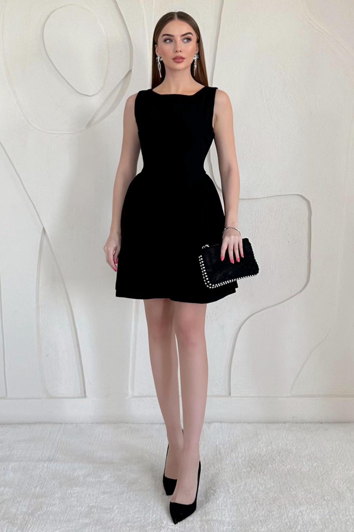 Siyah Mini Boy Büzgülü Keten Elbise