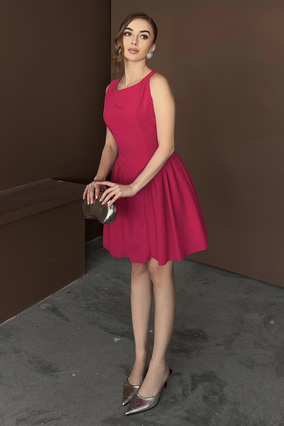 Fuşya Mini Boy Büzgülü Keten Elbise