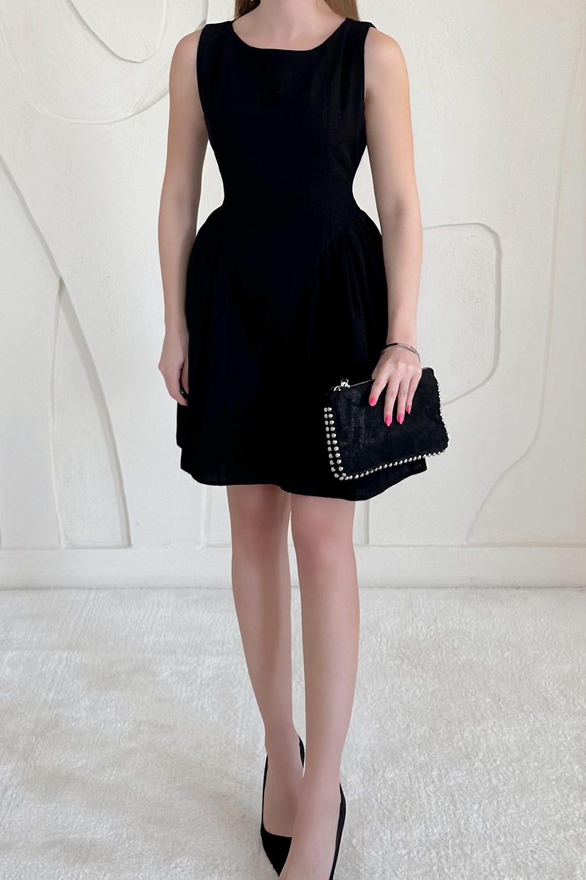 Siyah Mini Boy Büzgülü Keten Elbise