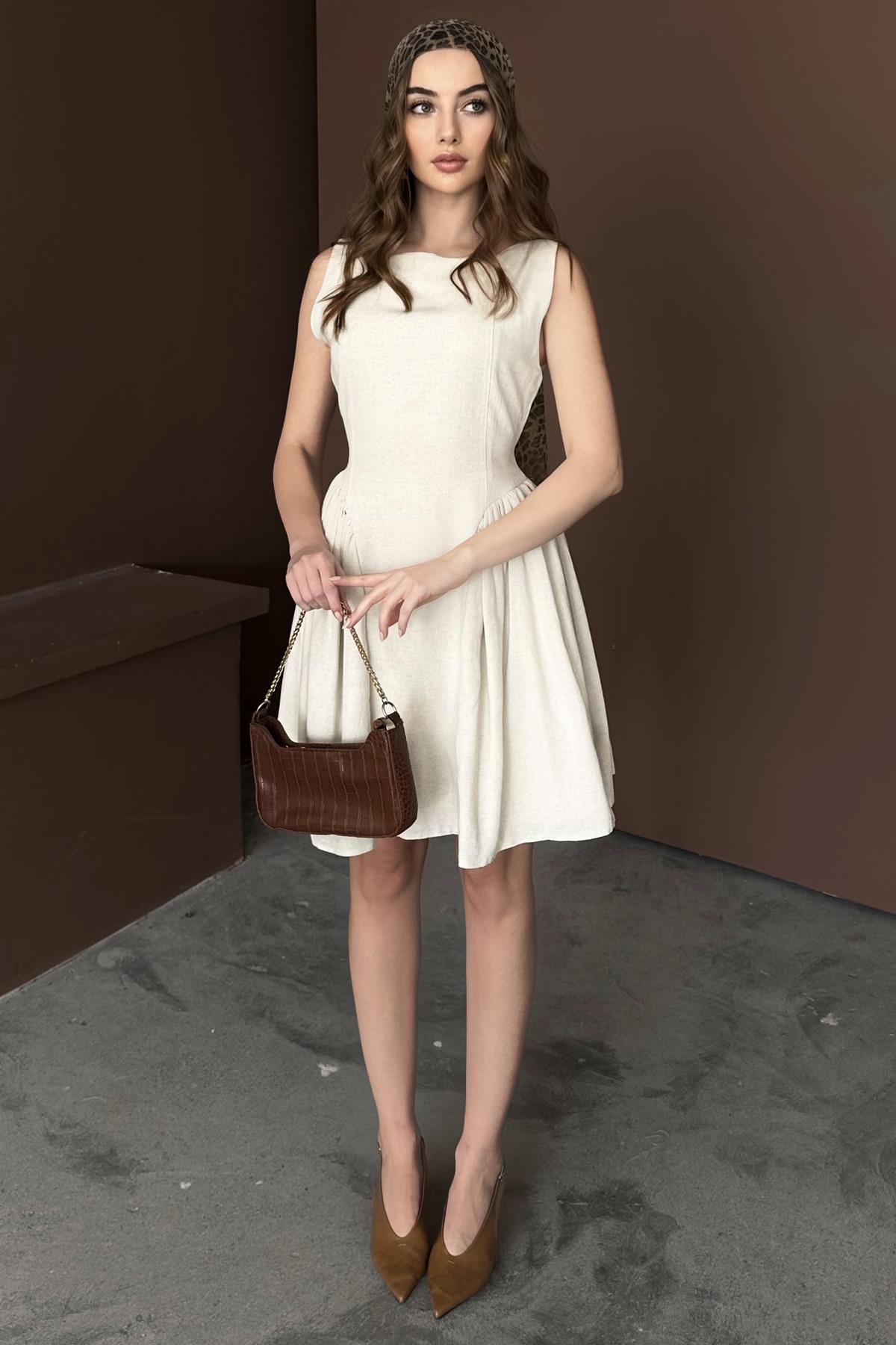 Bej Mini Boy Büzgülü Keten Elbise