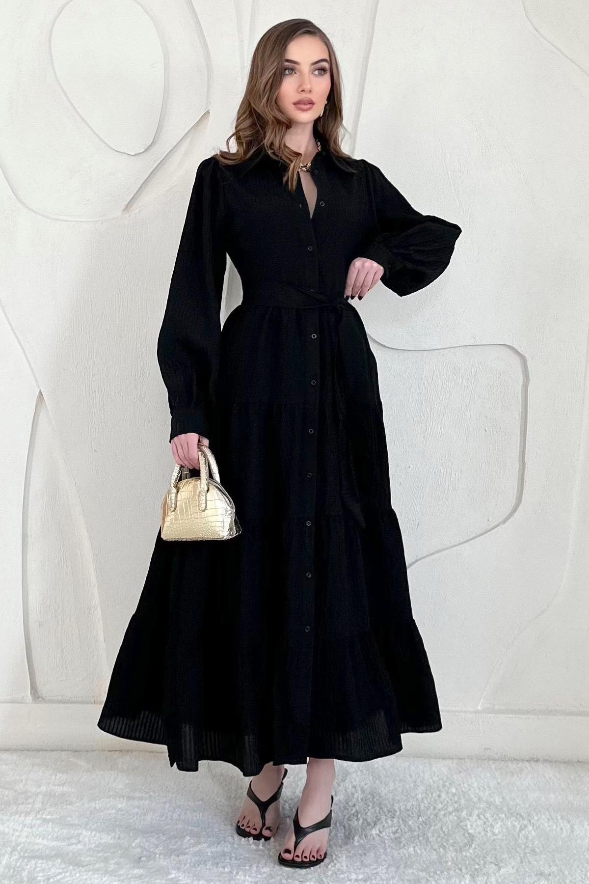 Siyah Modal Jakar Çizgili Uzun Elbise