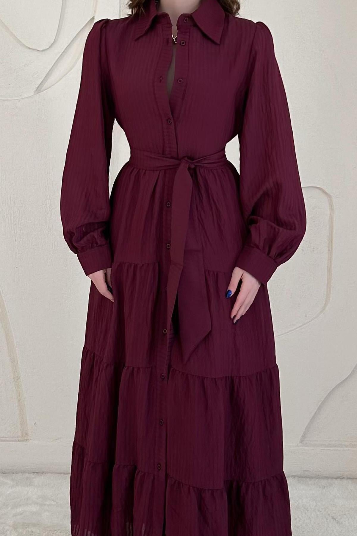 Bordo Modal Jakar Çizgili Uzun Elbise