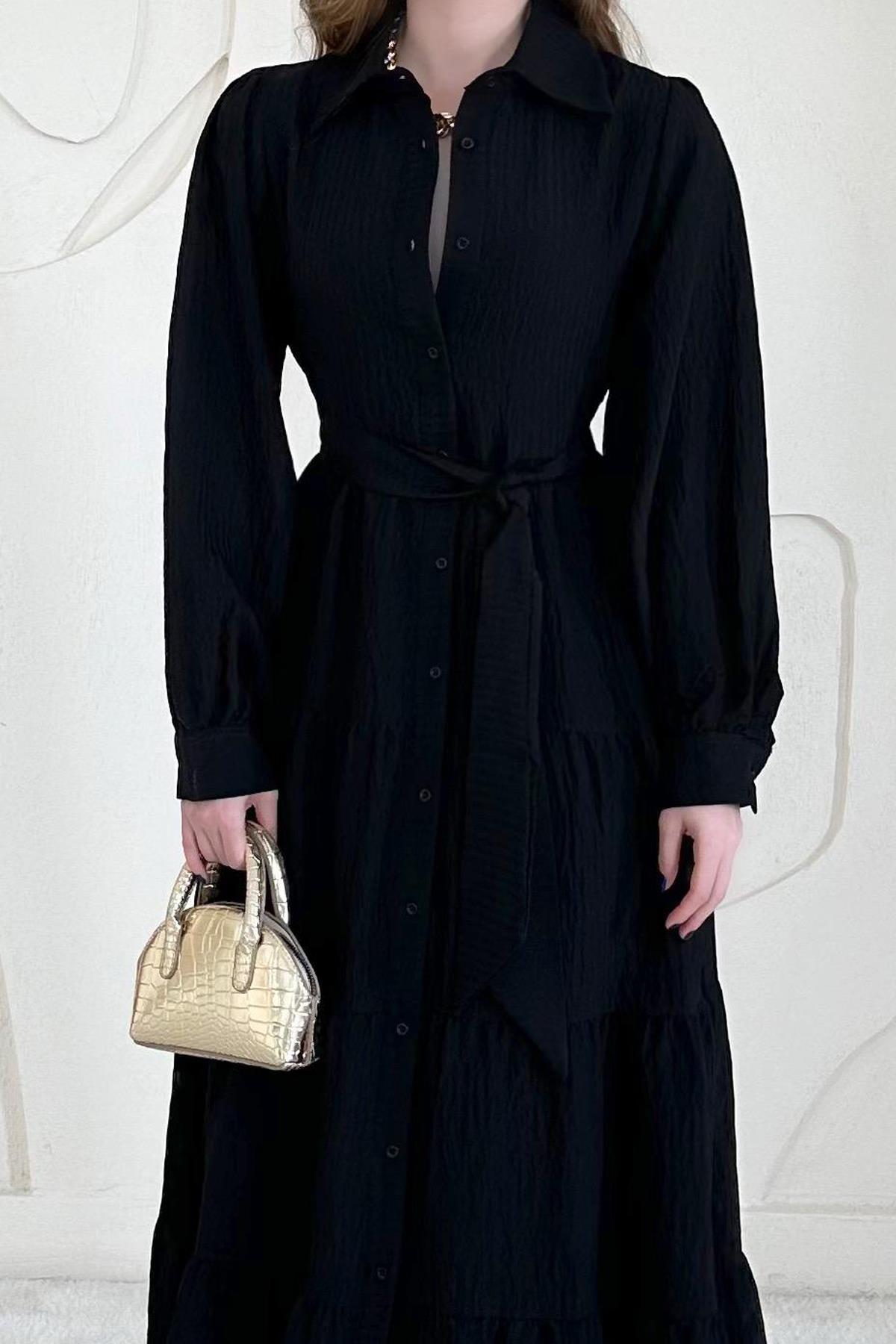 Siyah Modal Jakar Çizgili Uzun Elbise