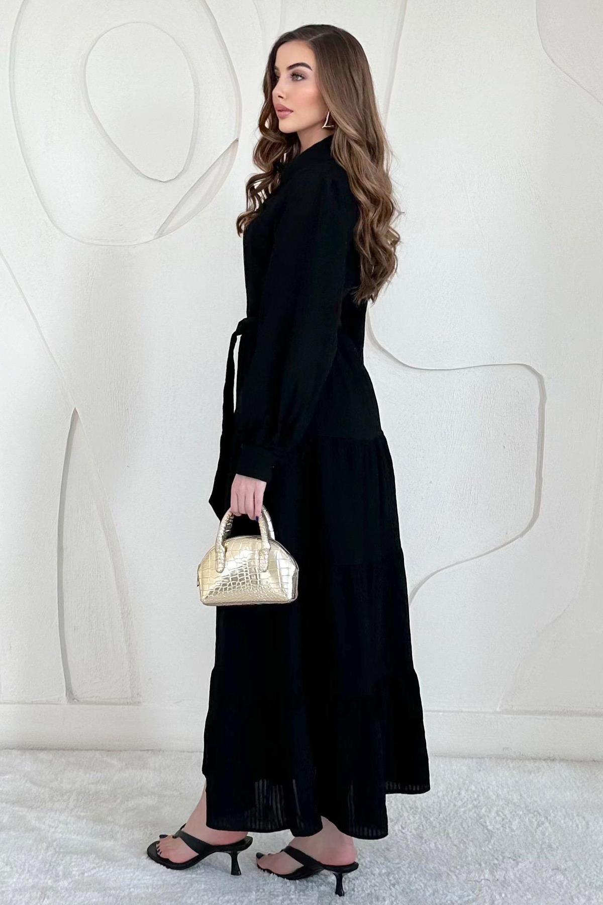 Siyah Modal Jakar Çizgili Uzun Elbise