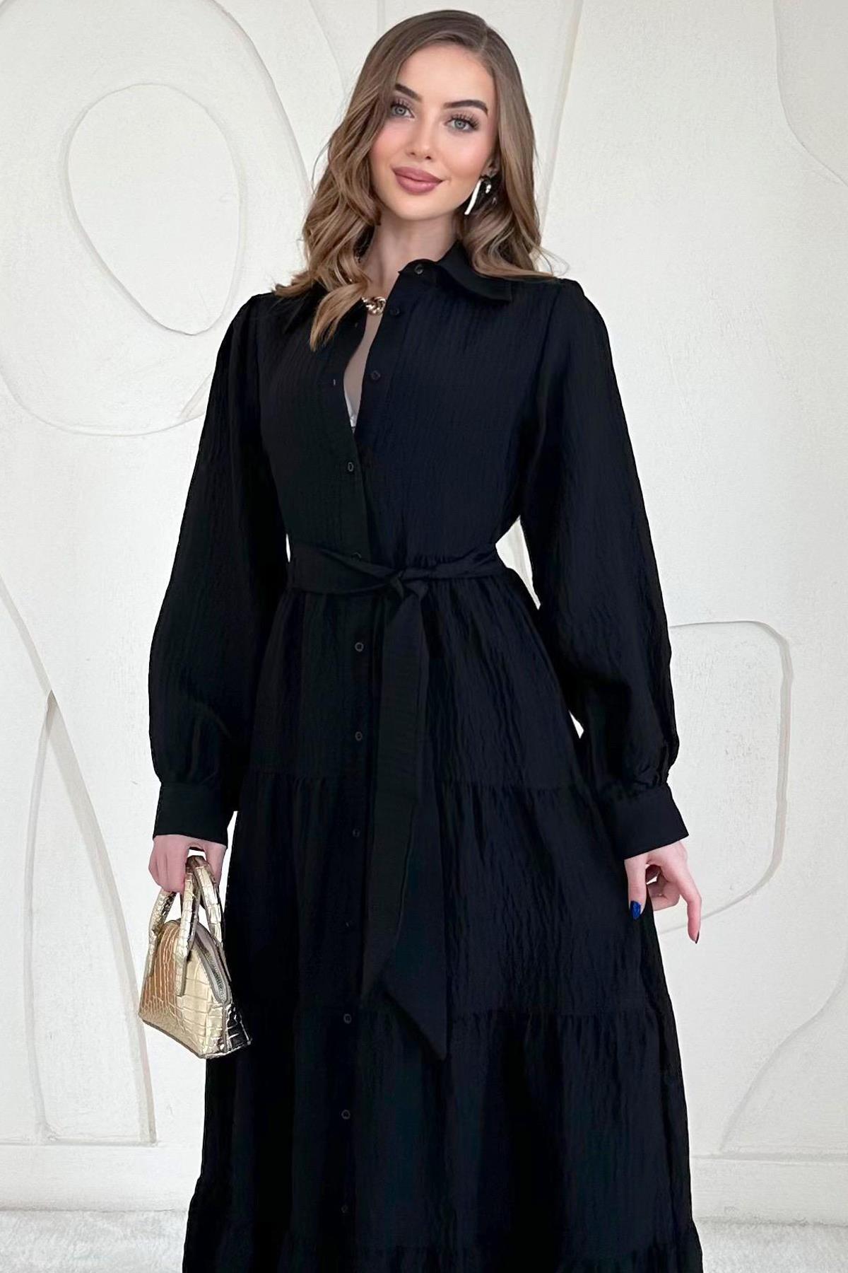 Siyah Modal Jakar Çizgili Uzun Elbise