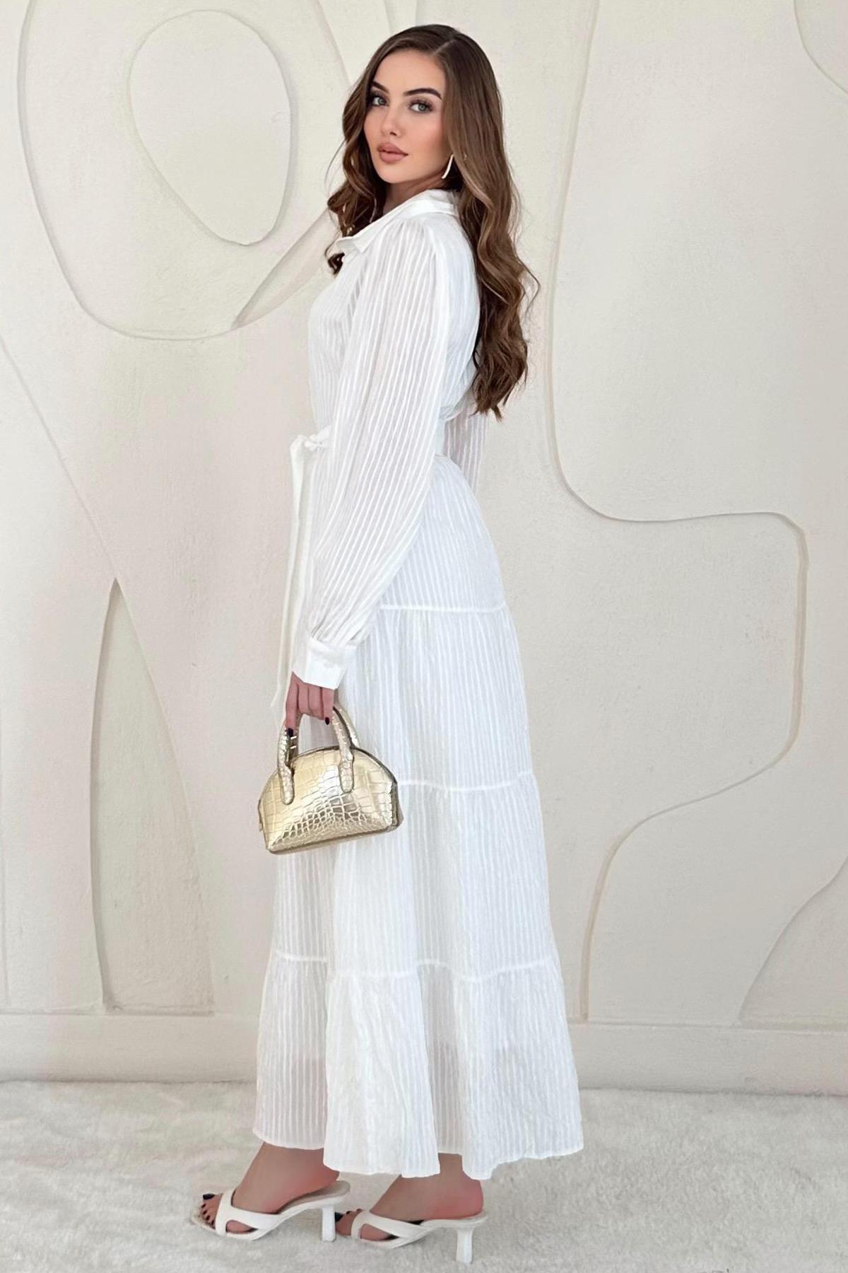 Ekru Modal Jakar Çizgili Uzun Elbise