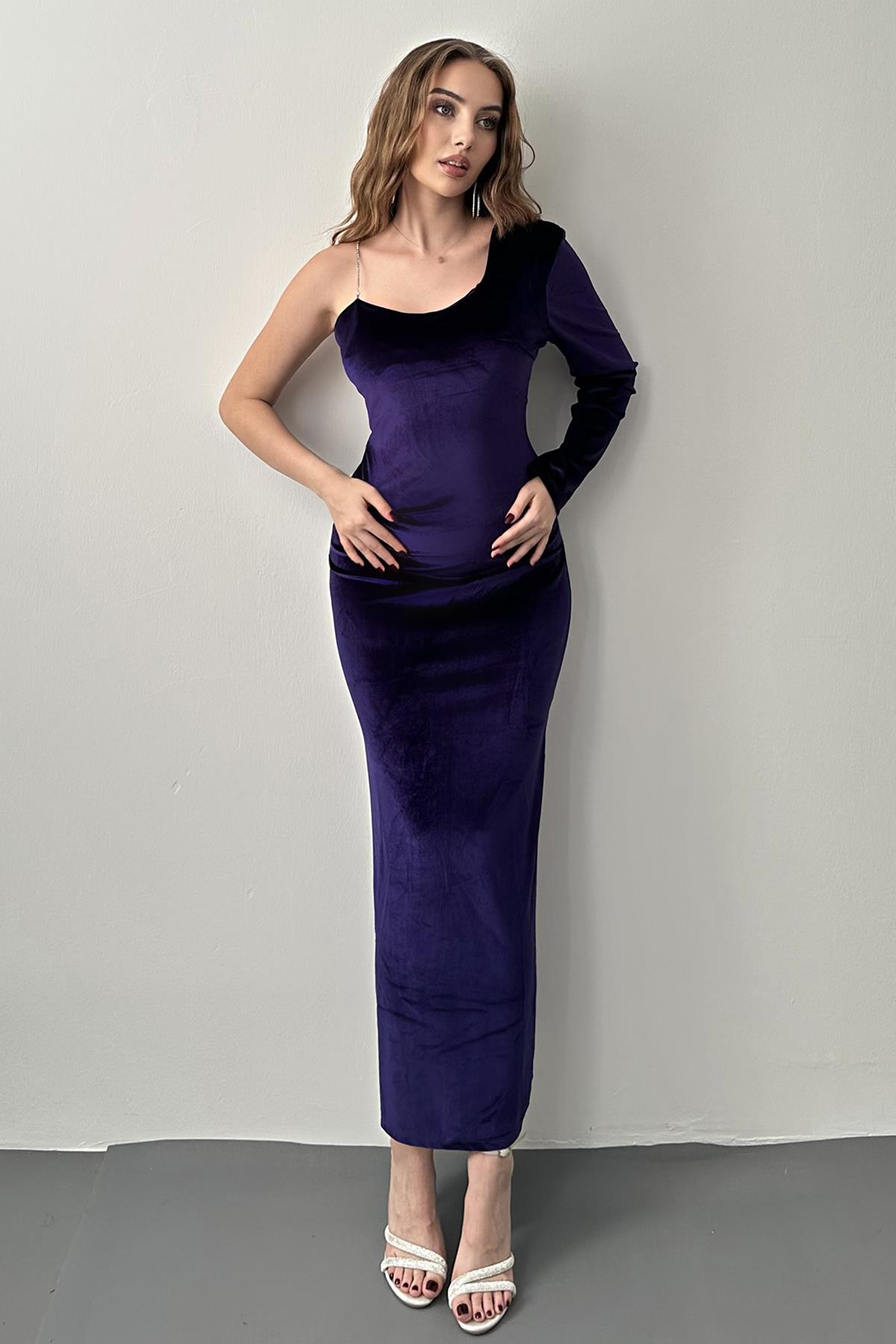 Mor Tek Omuzlu Taş Askılı Elbise