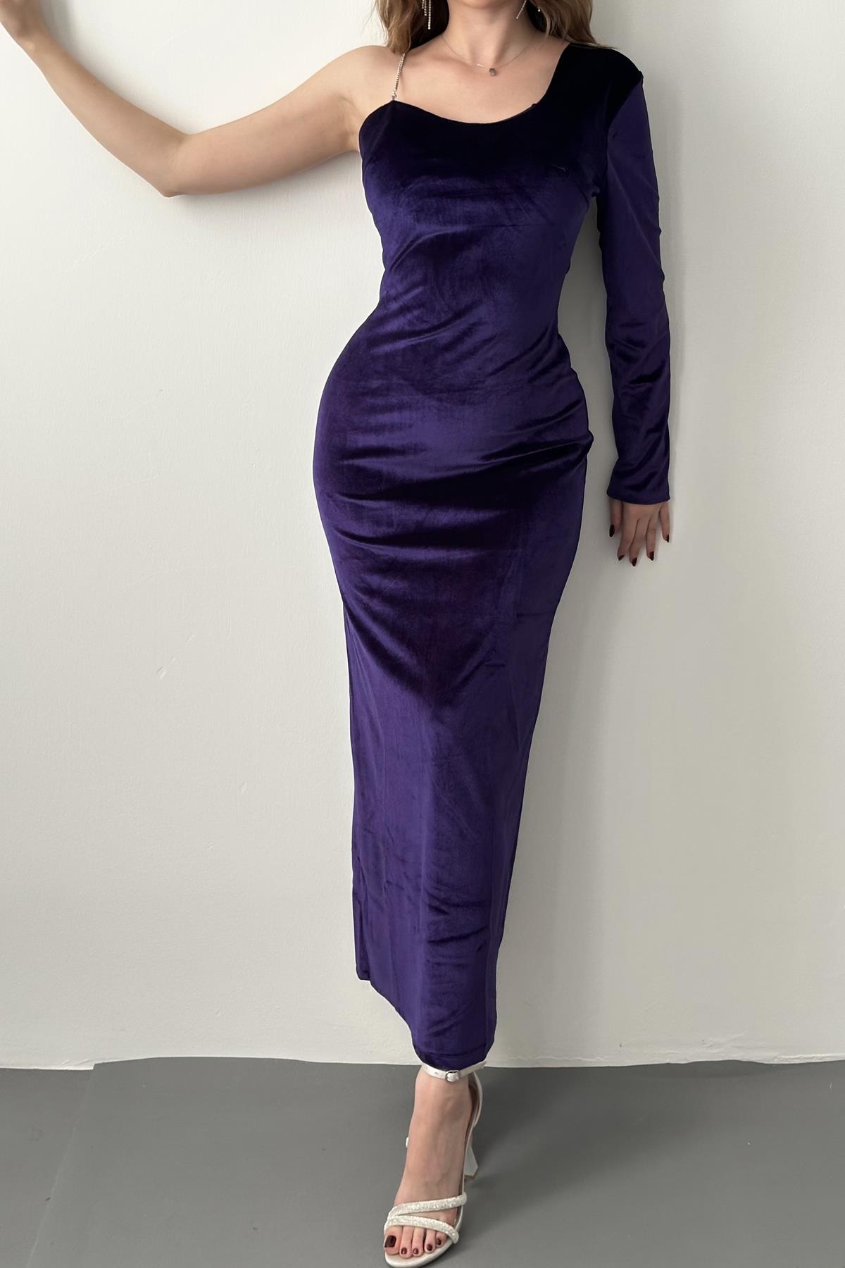 Mor Tek Omuzlu Taş Askılı Elbise