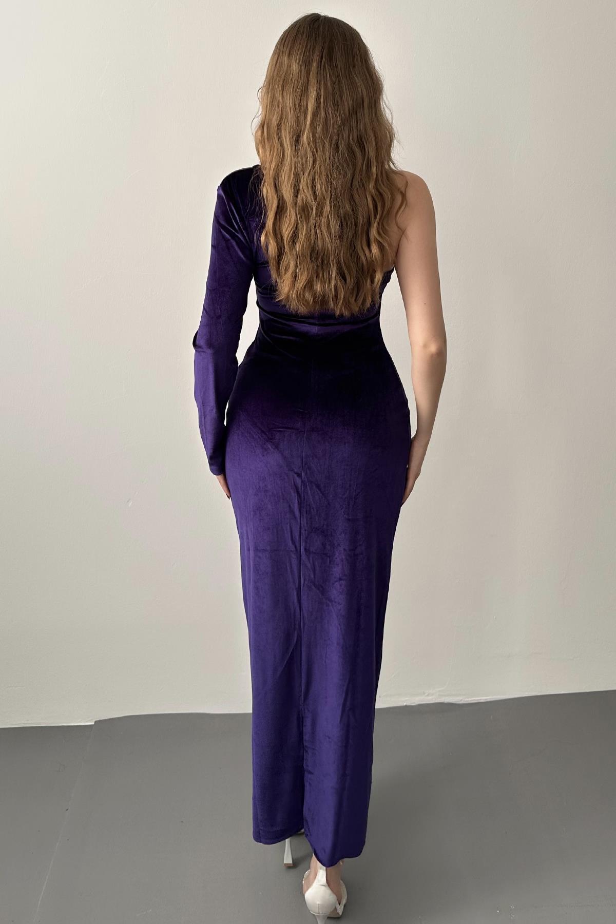 Mor Tek Omuzlu Taş Askılı Elbise