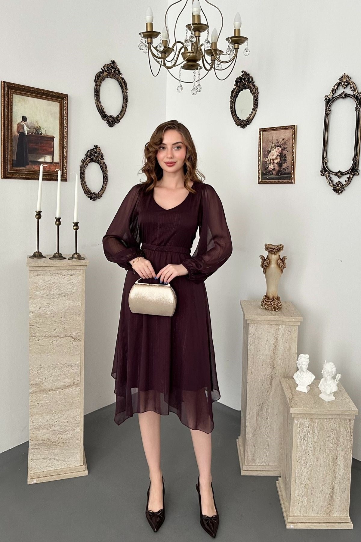 Mürdüm Işıltılı Asimetrik Elbise