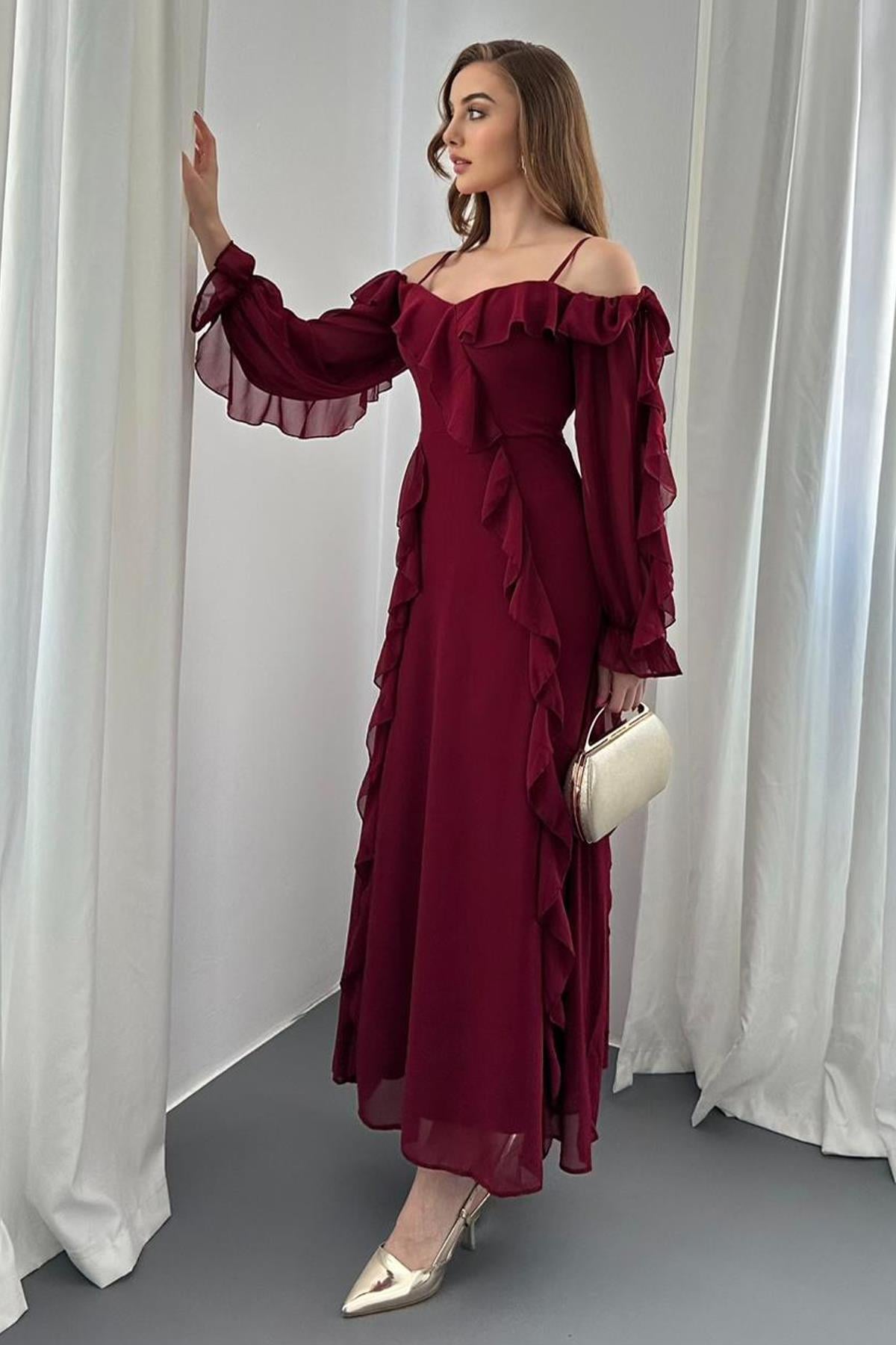 Bordo Omuz Detaylı Astarlı Fırfırlı Şifon Elbise