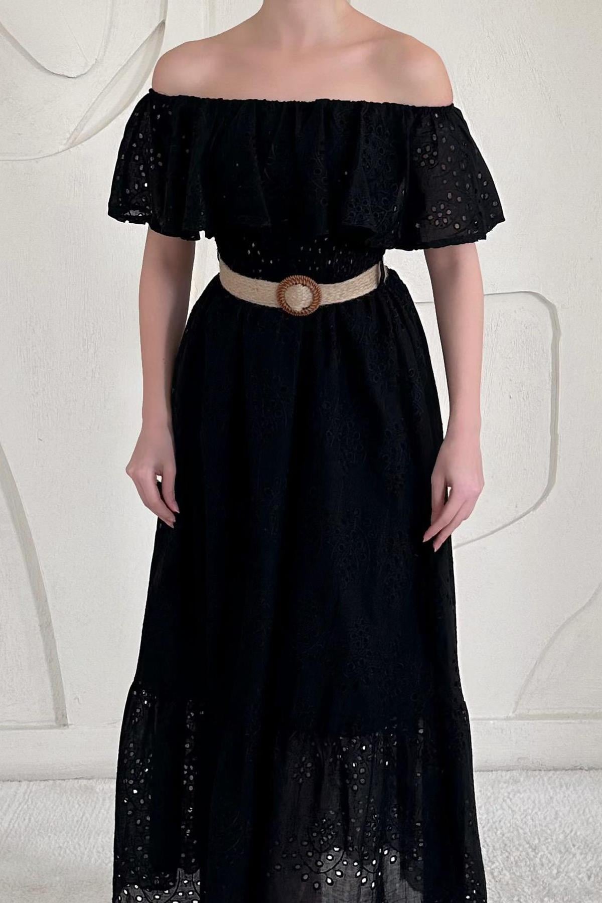 Siyah Omuz Lastikli Brode Elbise