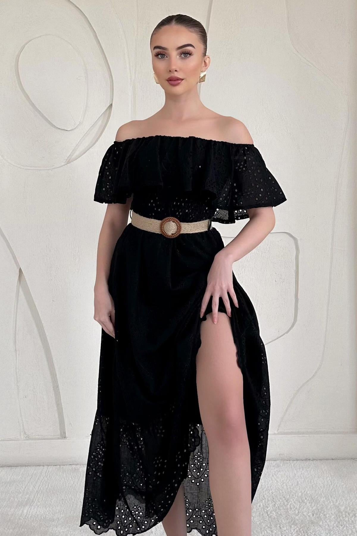 Siyah Omuz Lastikli Brode Elbise