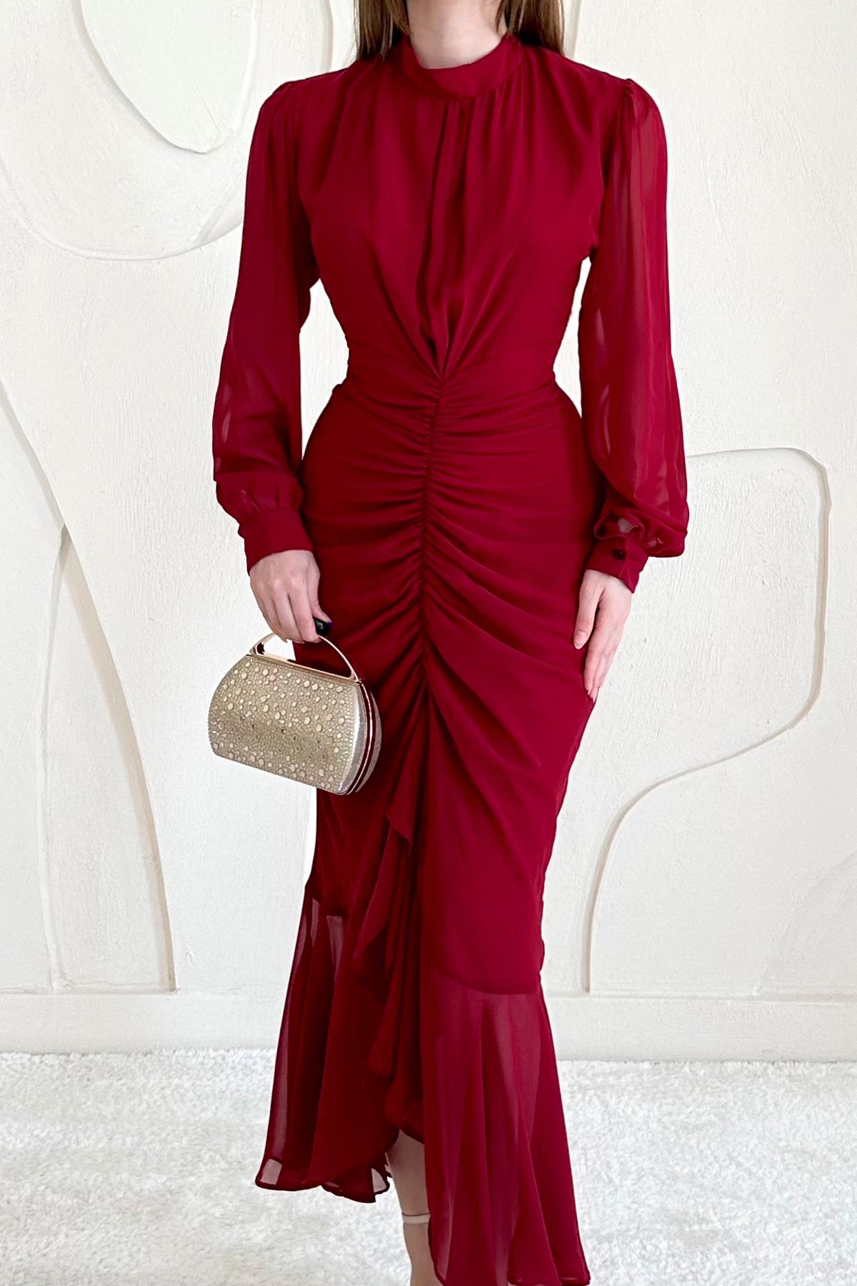 Kırmızı Önü Büzgülü Şifon Elbise