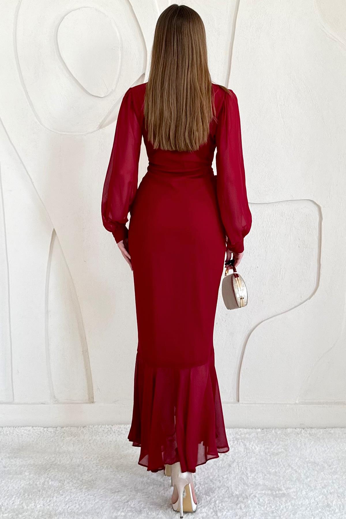 Kırmızı Önü Büzgülü Şifon Elbise