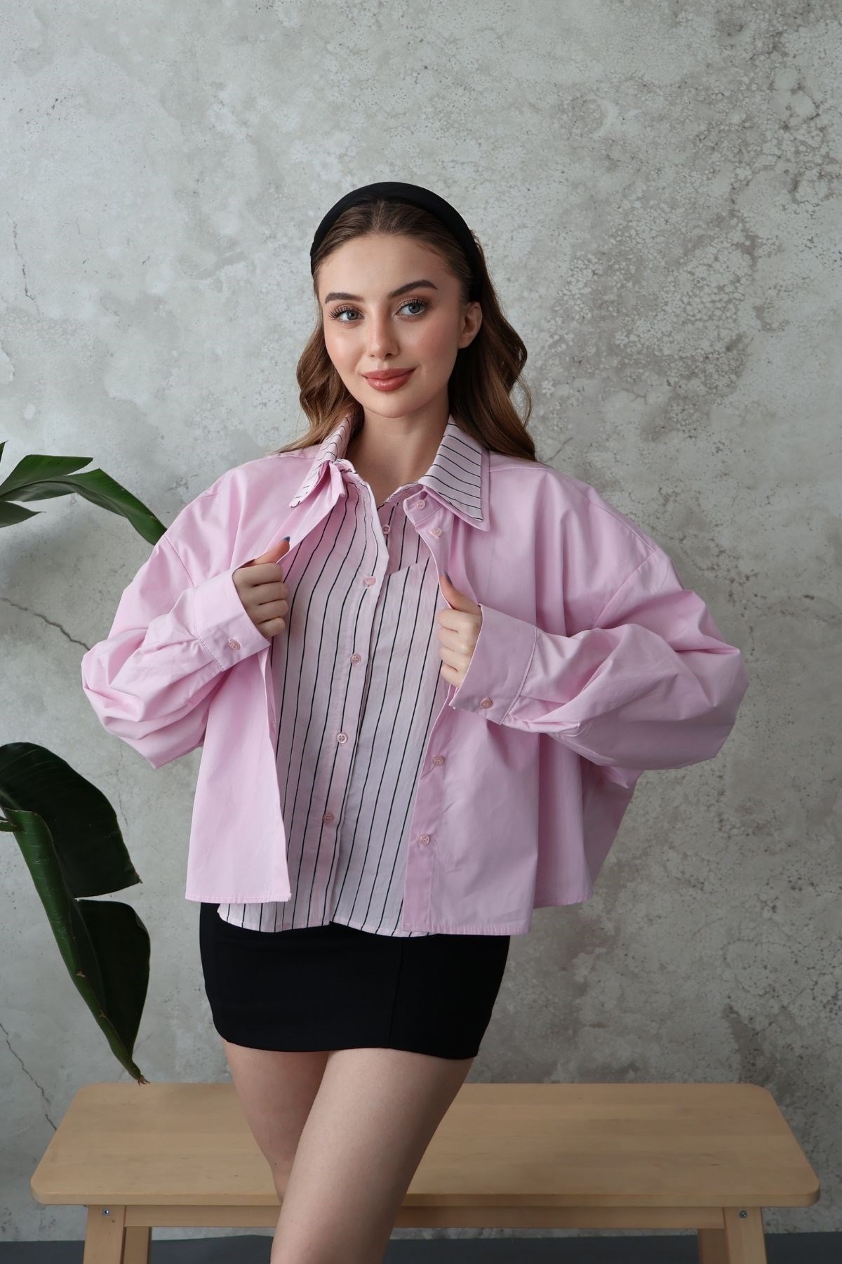 Pembe Çizgi Garnili Oversıze Gömlek