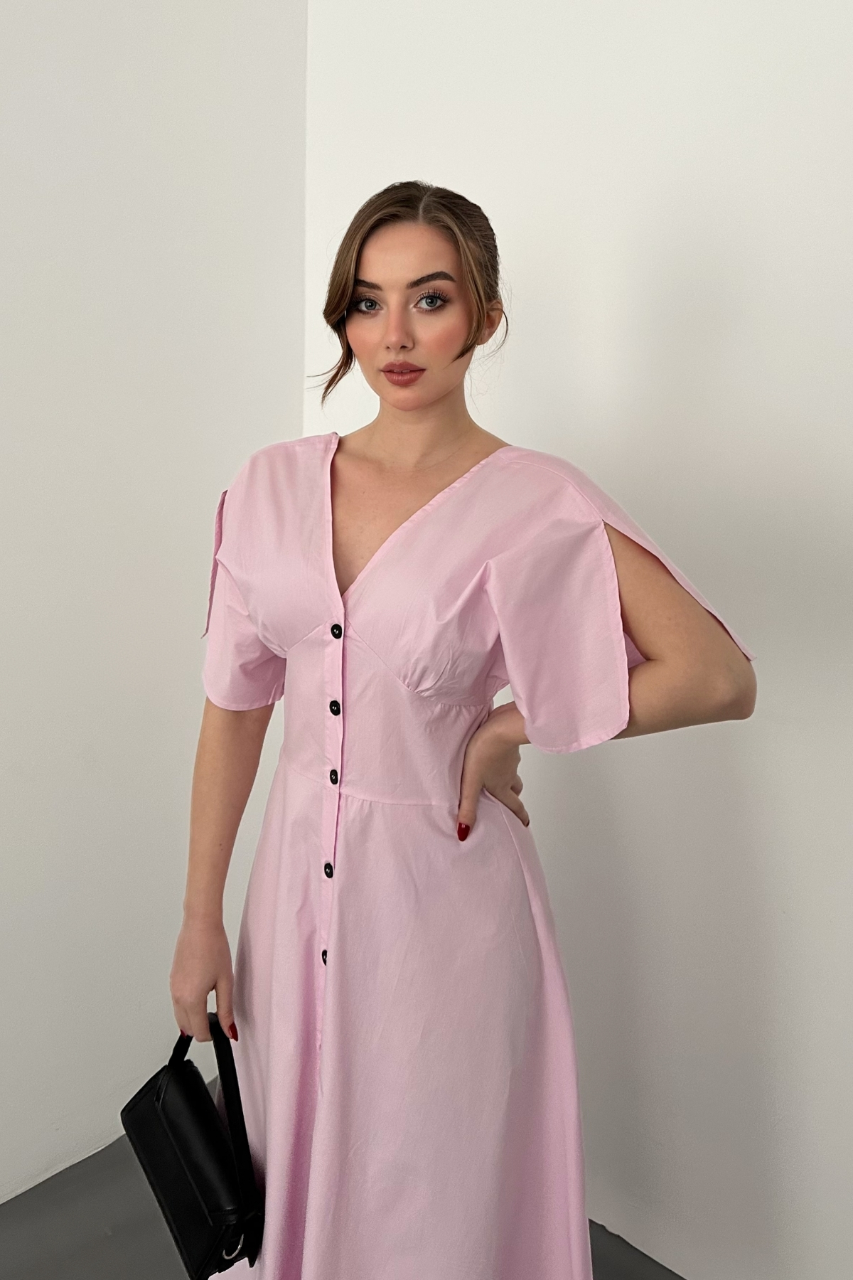 Pembe Düğmeli Midi Boy Poplin Elbise
