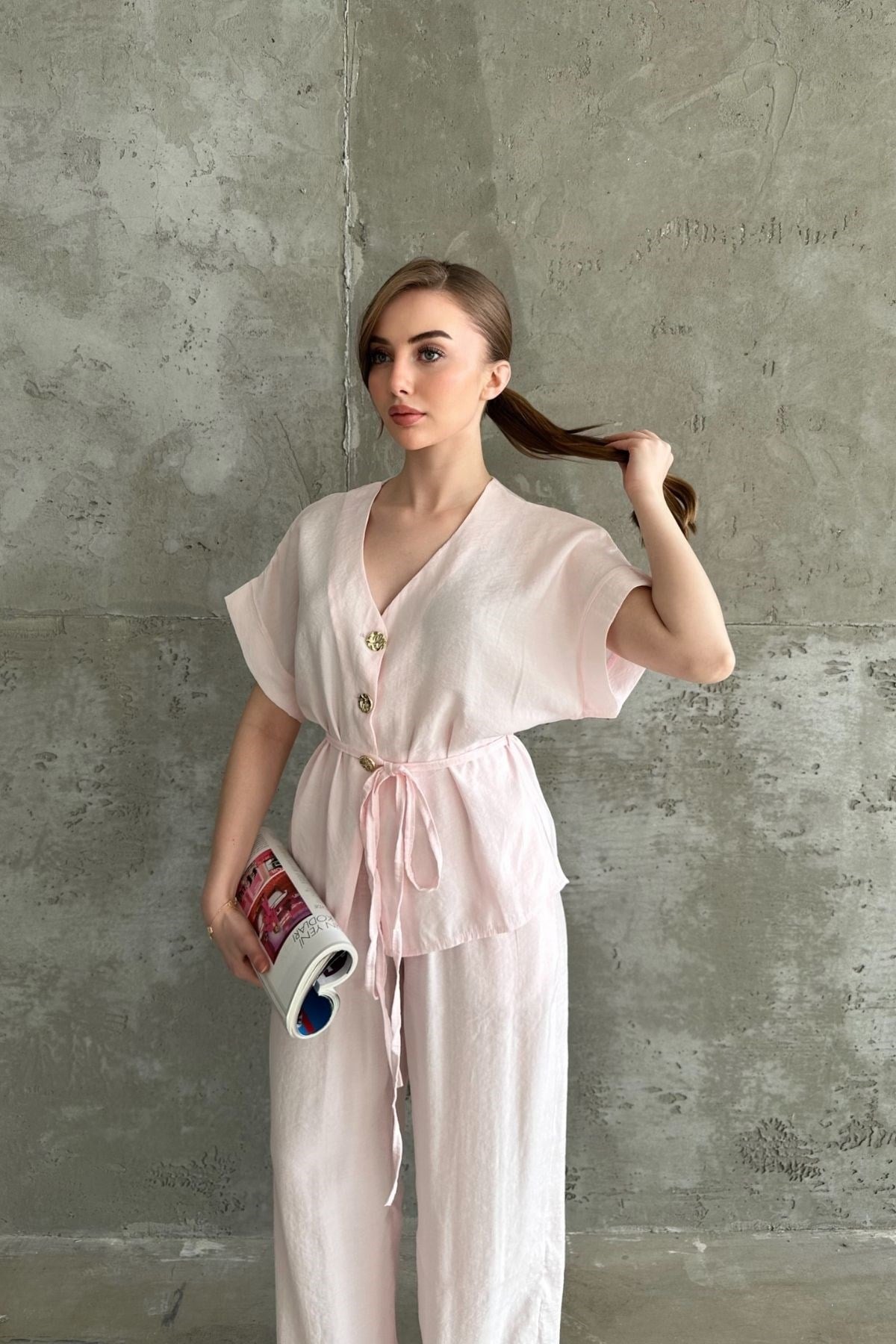 Pembe Gold Düğme Detaylı İkili Modal Takım