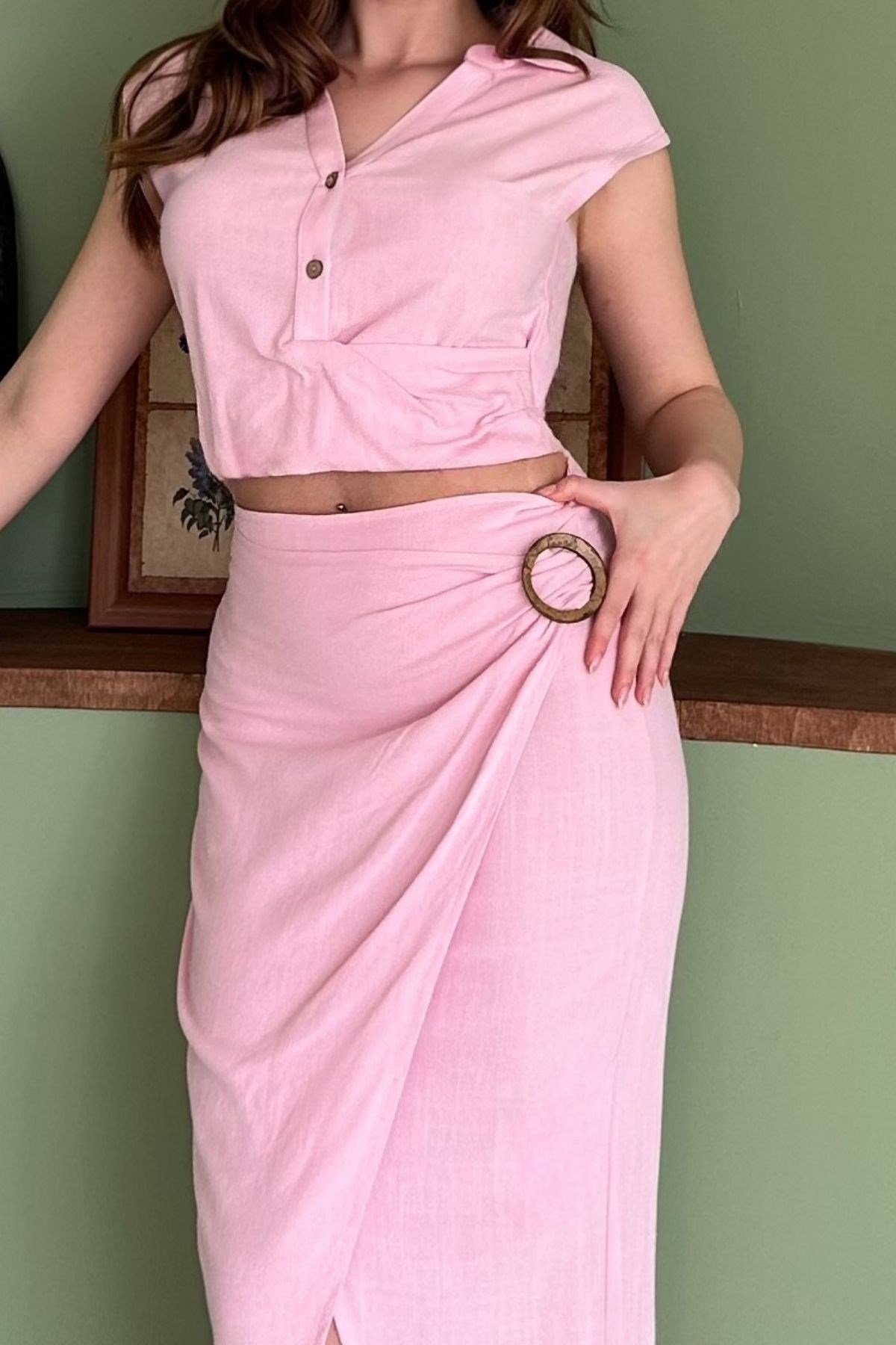 Pembe Keten Crop Bluz ve Yırtmaçlı Etek Takım