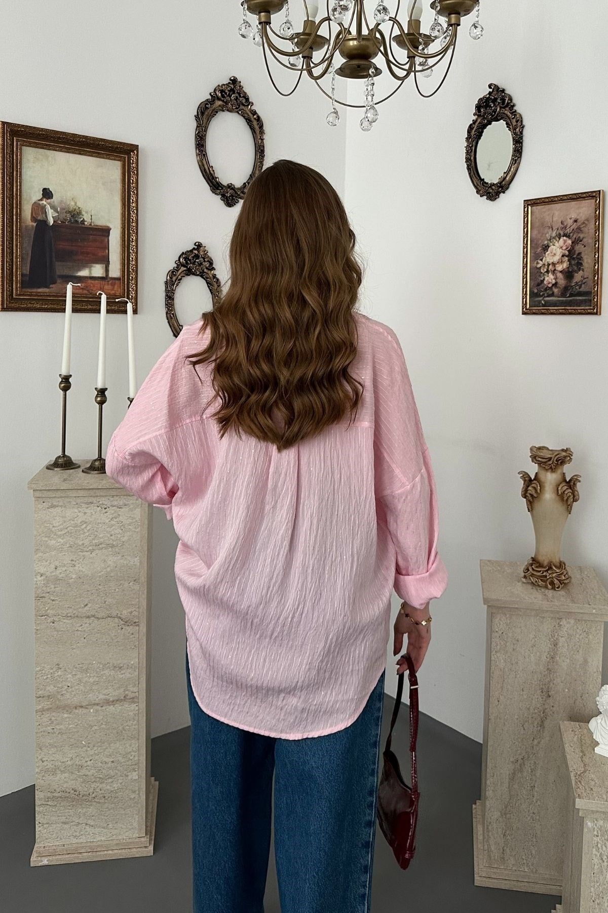 Pembe Nakışlı Oversize Gömlek