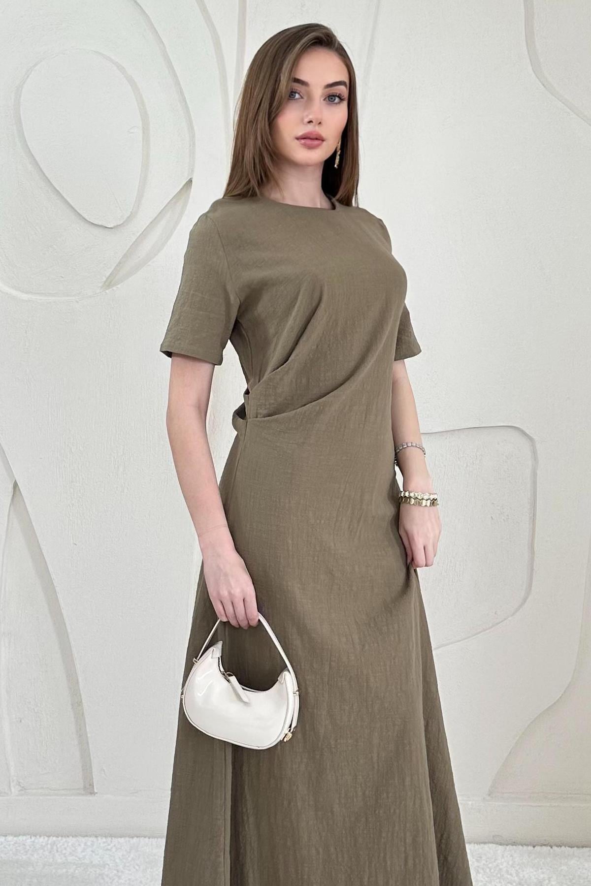 Haki Pileli Bisiklet Yaka Elbise