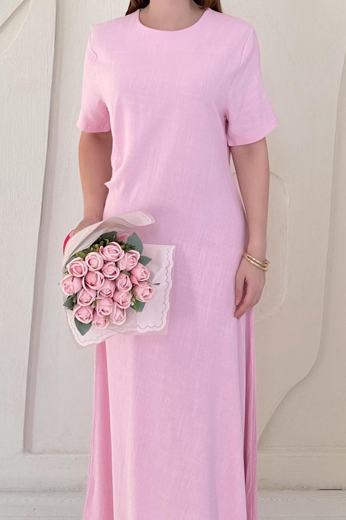 Pembe Pileli Bisiklet Yaka Elbise