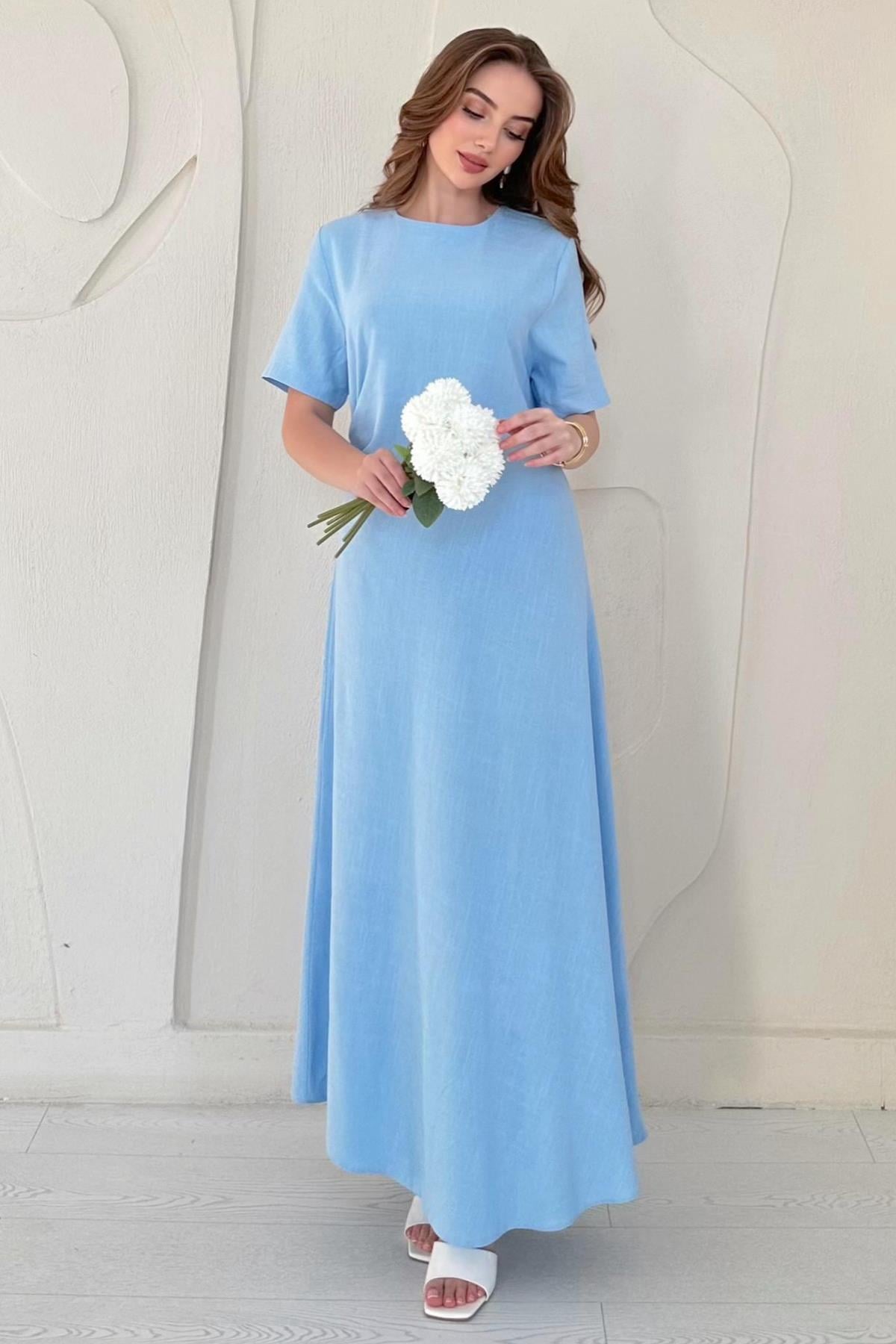 Mavi Pileli Bisiklet Yaka Elbise